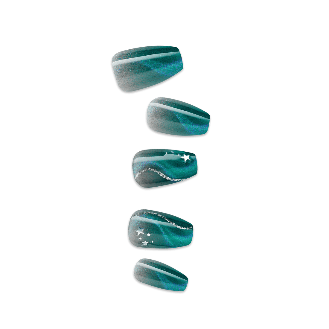 Set of five press-on nails in teal and silver ombré with glittery silver star and swirl accents, showcasing a magical, celestial design.
