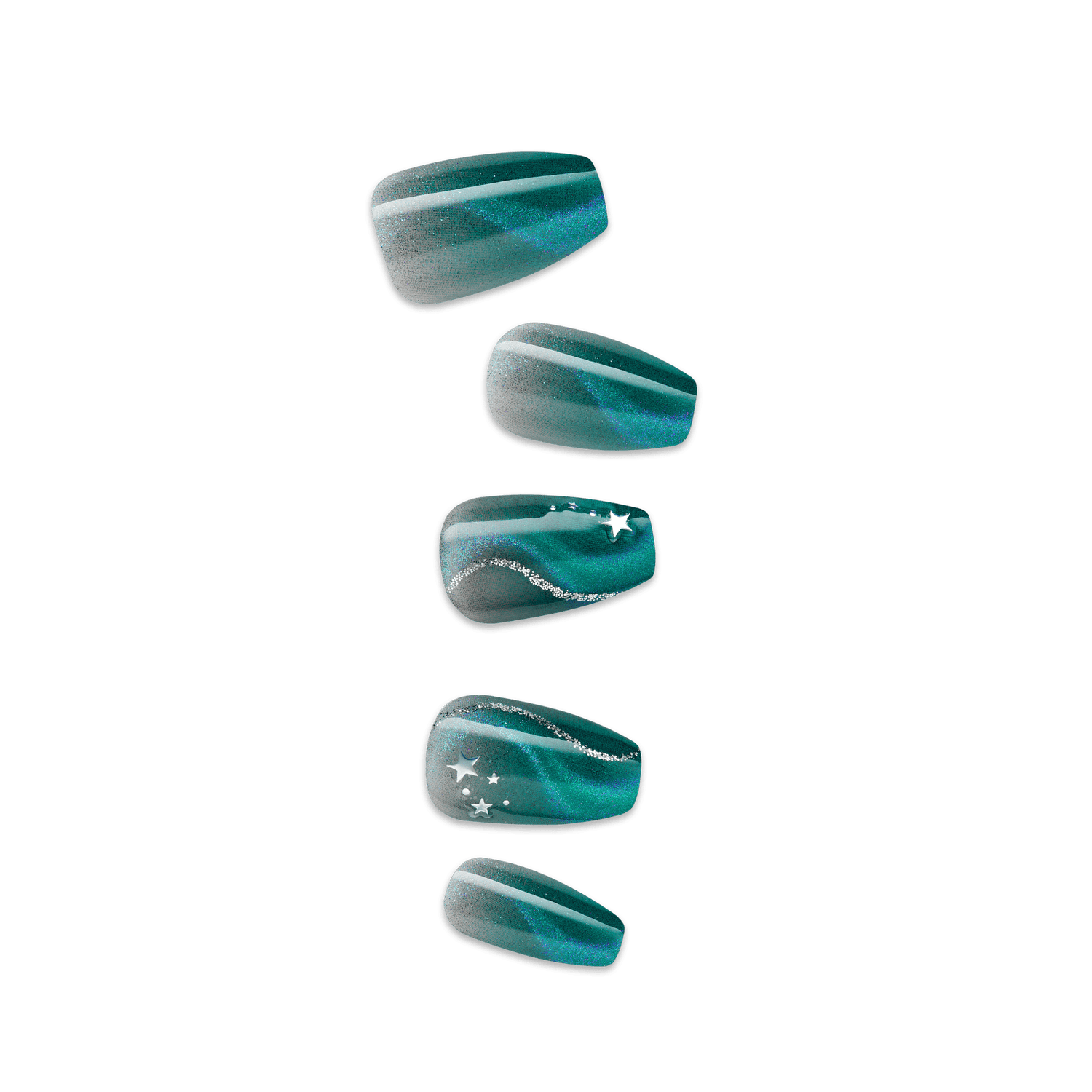Set of five press-on nails in teal and silver ombré with glittery silver star and swirl accents, showcasing a magical, celestial design.