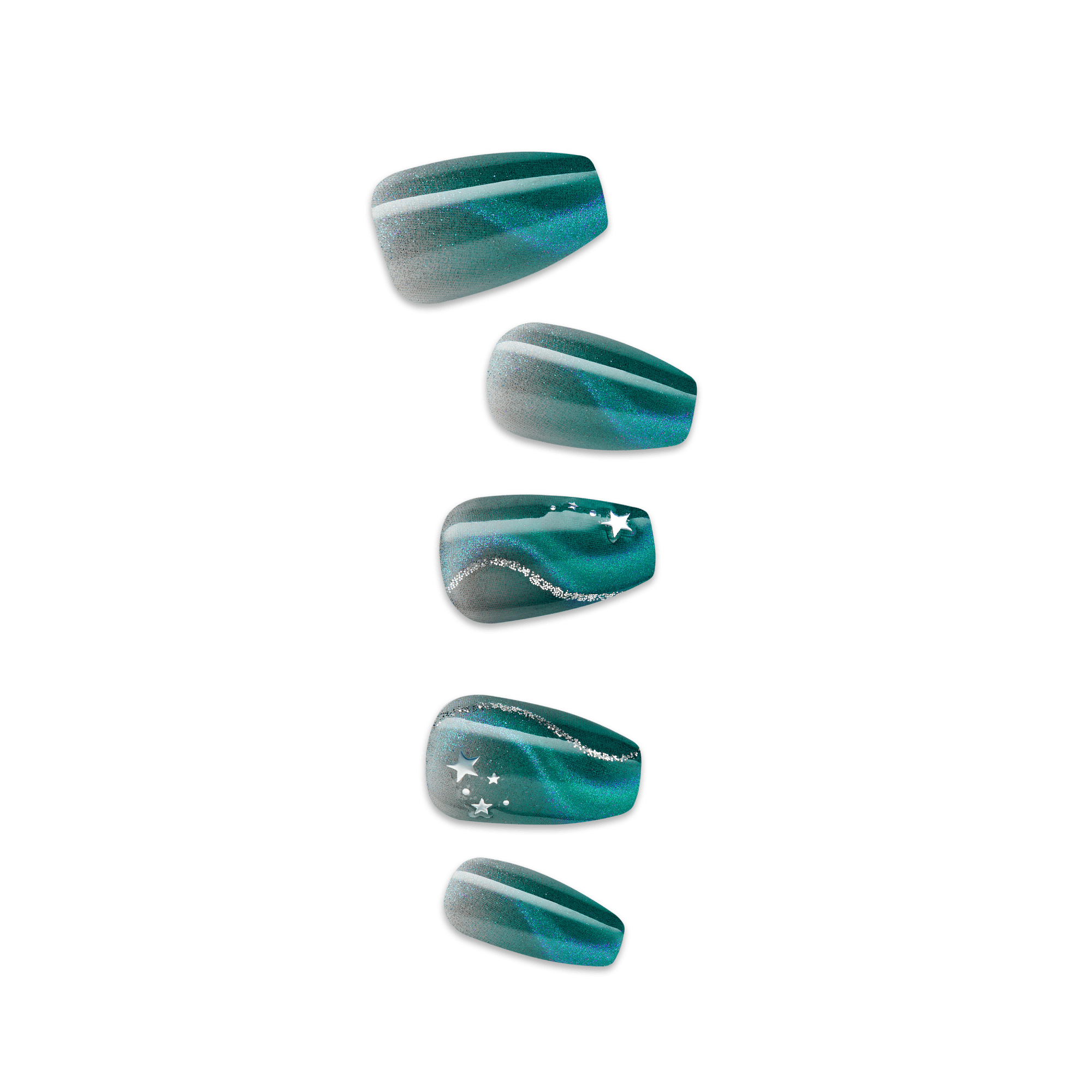 Set of five press-on nails in teal and silver ombré with glittery silver star and swirl accents, showcasing a magical, celestial design.