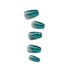 Set of five press-on nails in teal and silver ombré with glittery silver star and swirl accents, showcasing a magical, celestial design.