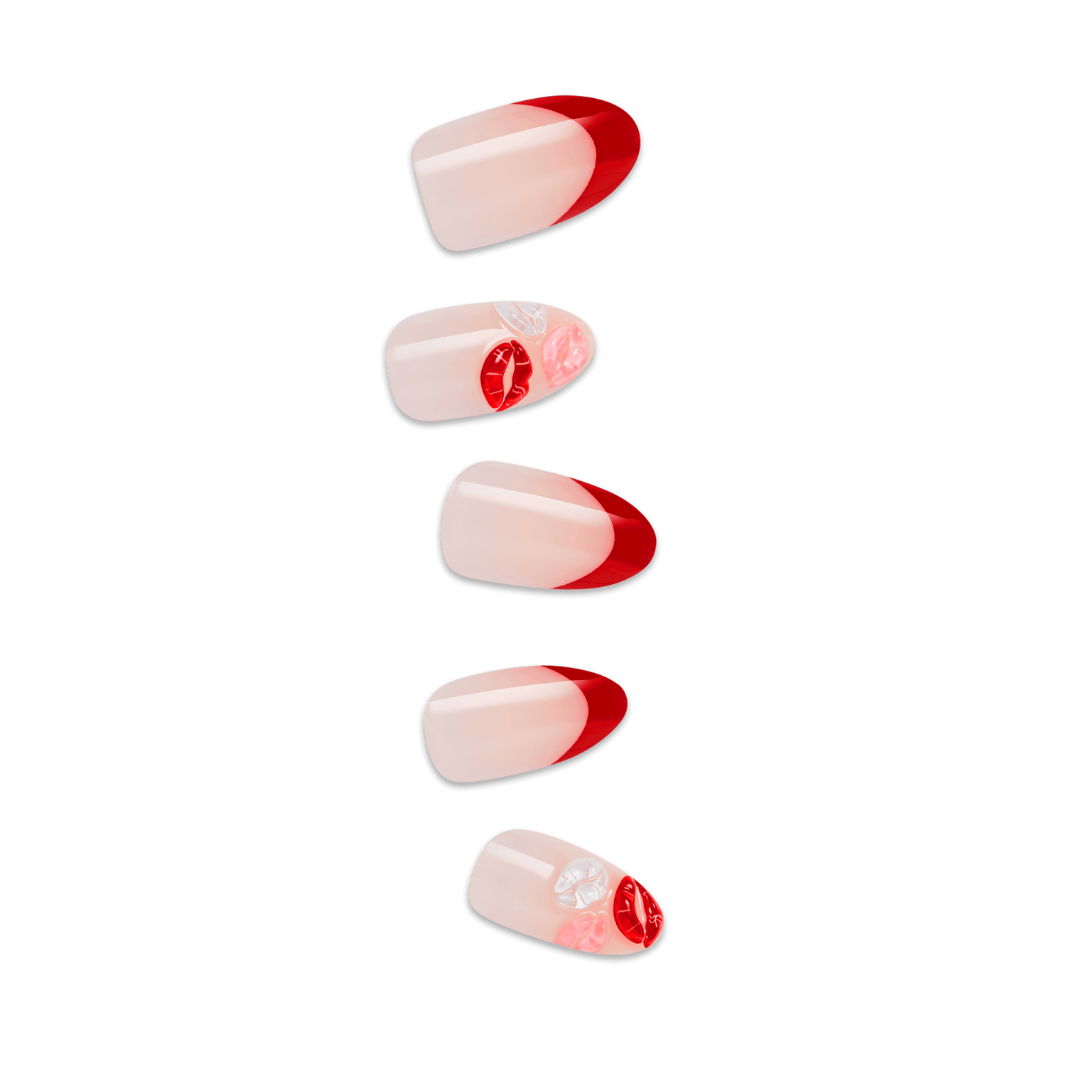 Five press-on nails with red and nude ombre design and floral accents.