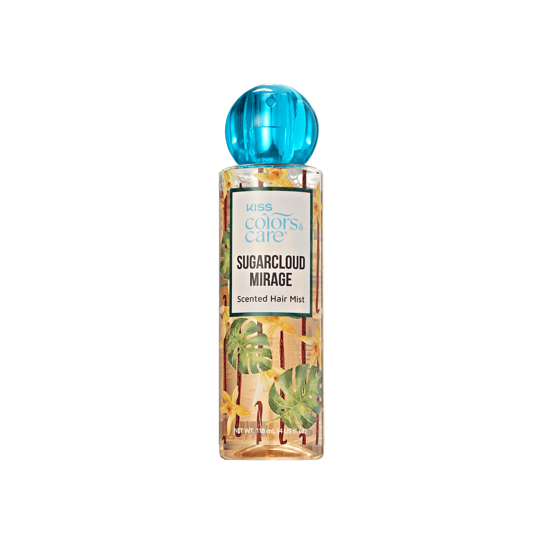 Clear spray bottle with blue round cap, decorated with tropical leaves and yellow flowers, labeled "KISS Colors &amp; Care Sugarcloud Mirage Scented Hair Mist."