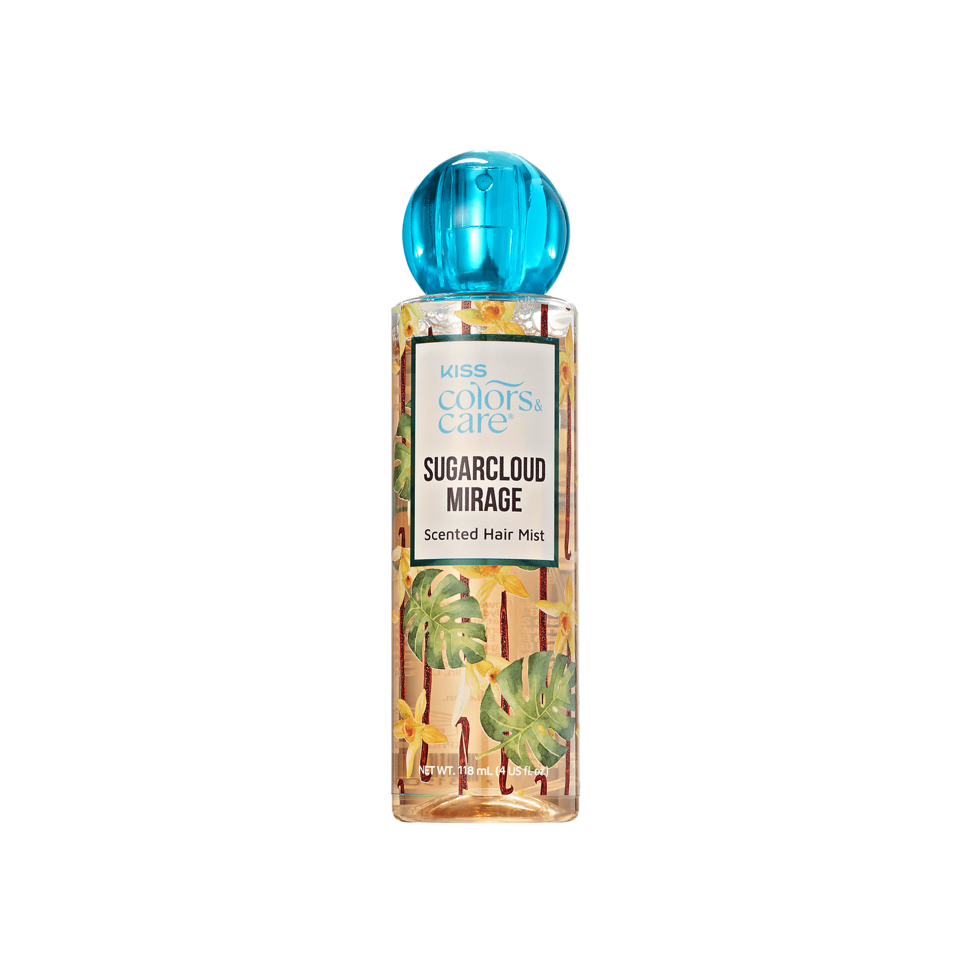 Clear spray bottle with blue round cap, decorated with tropical leaves and yellow flowers, labeled "KISS Colors &amp; Care Sugarcloud Mirage Scented Hair Mist."