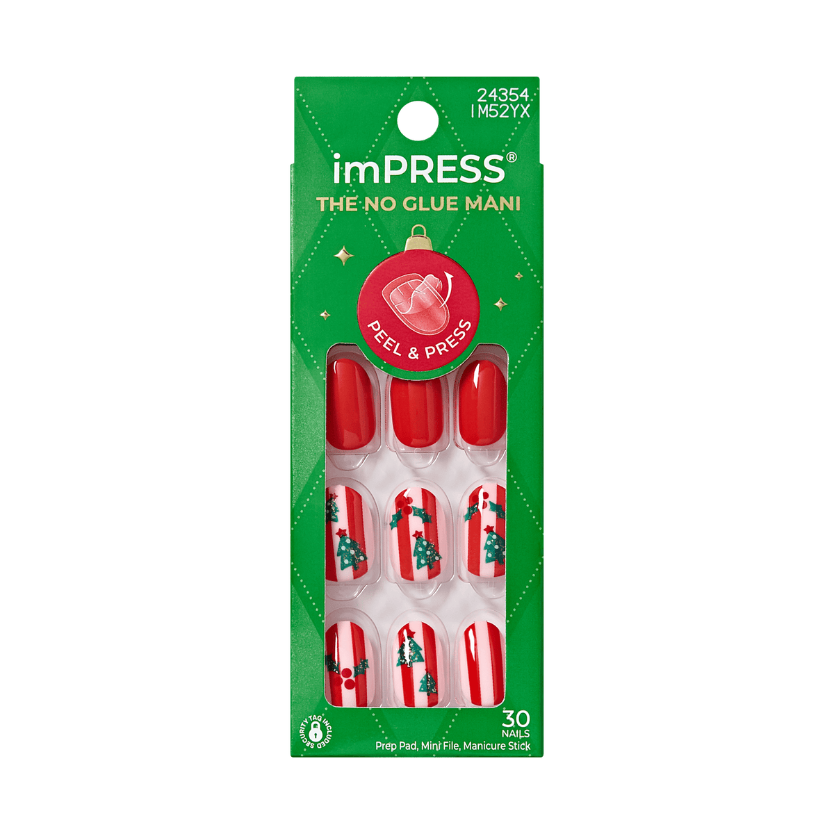 Impress Design Holiday No Glue Fake Press On Nails - Spark | Design, Red, Short, Oval, Manicure