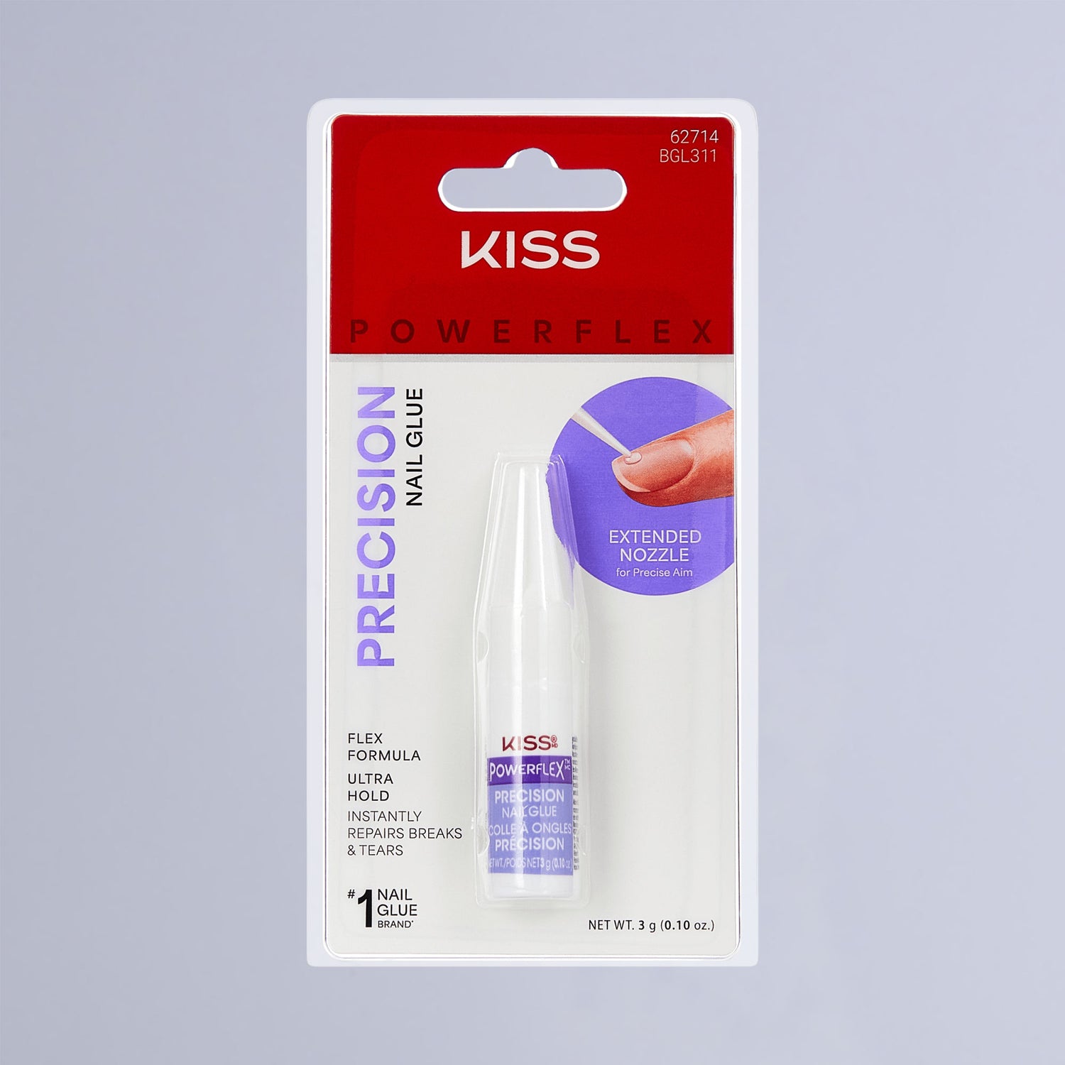 KISS PowerFlex Precision Nail Glue in white tube with purple label, packaged on white card with red top, featuring extended nozzle for precise aim and claims of flex formula, ultra hold, and instant repair.
