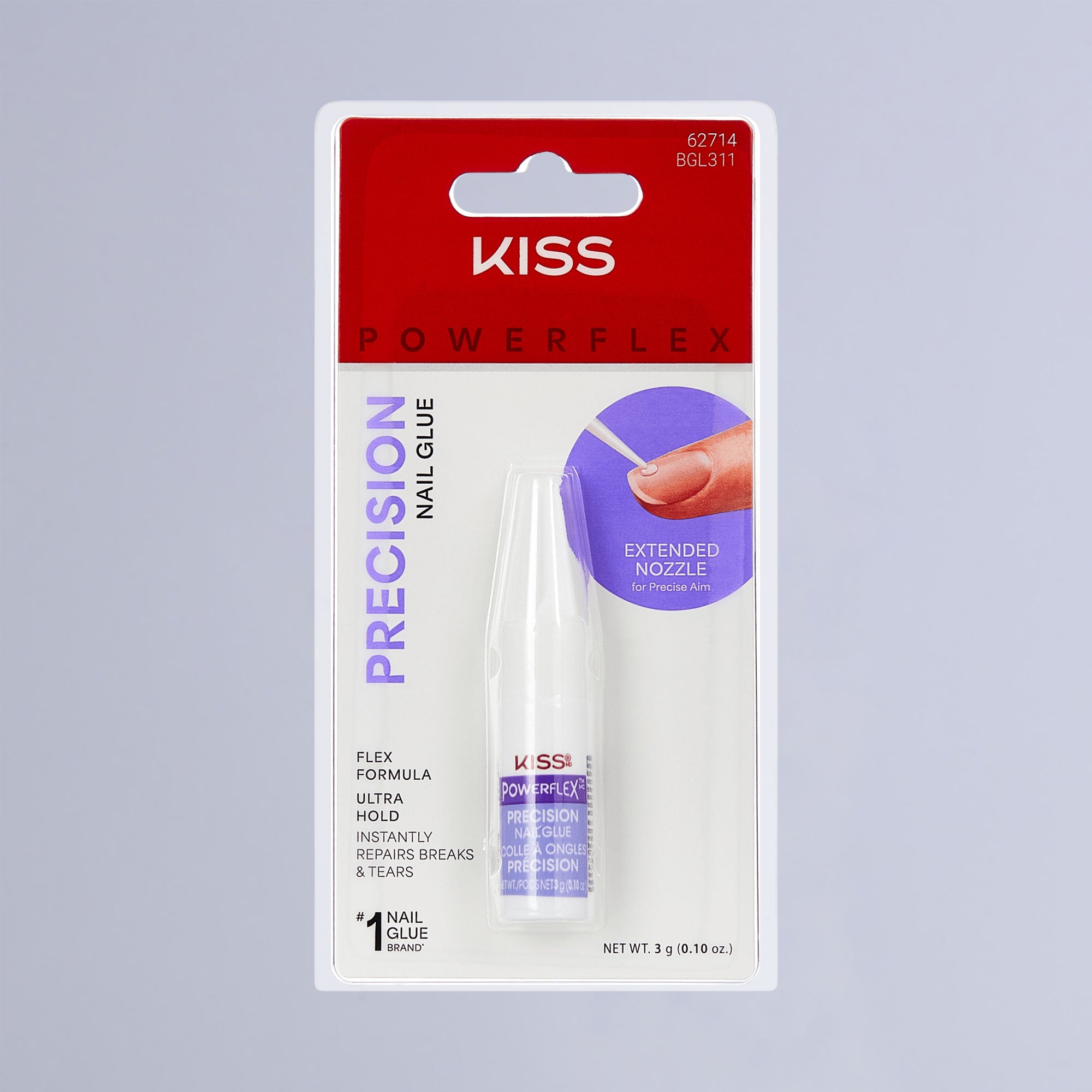 KISS PowerFlex Precision Nail Glue in white tube with purple label, packaged on white card with red top, featuring extended nozzle for precise aim and claims of flex formula, ultra hold, and instant repair.