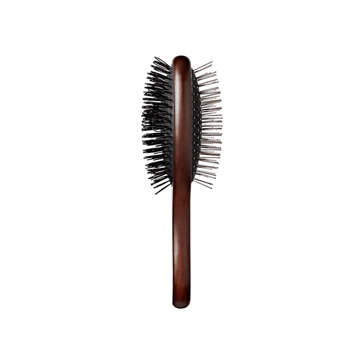 Dual-sided wooden wig brush with dark brown handle, featuring metal bristles on one side and black plastic bristles on the other.