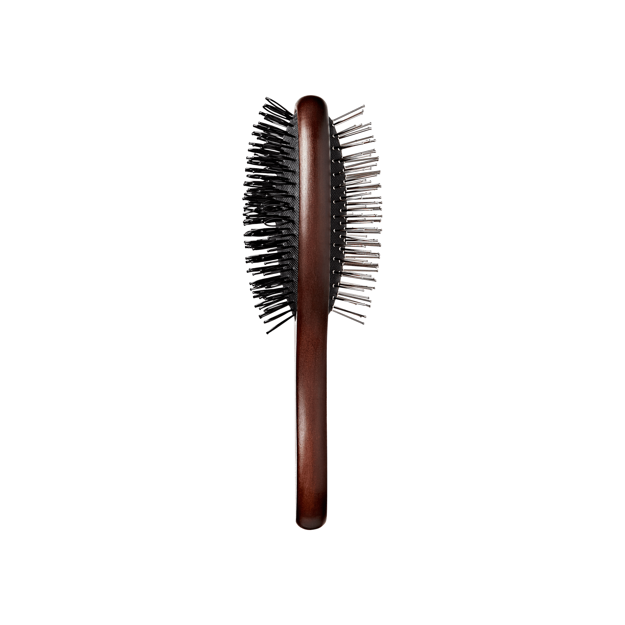 Dual-sided wooden wig brush with dark brown handle, featuring metal bristles on one side and black plastic bristles on the other.