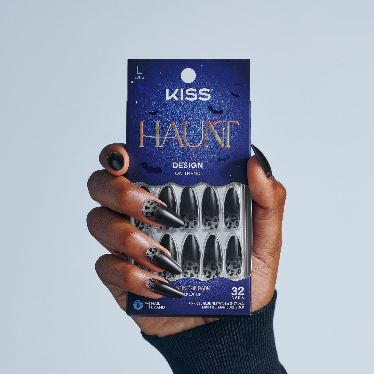 Kiss Haunt Halloween Press On Fake Glue Nails - Polish Potion | Design, Black, Long, Almond, Glow In The Dark