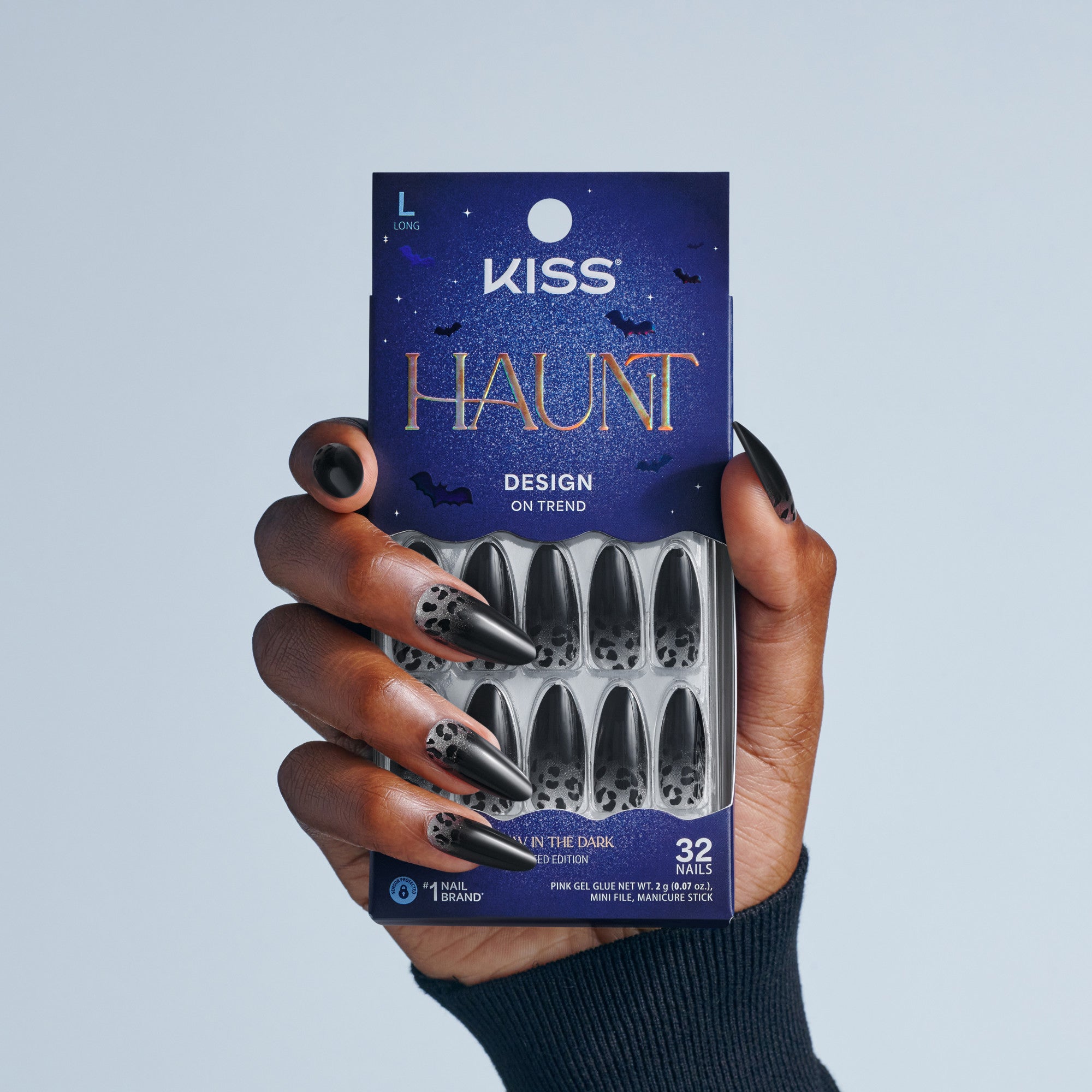 Kiss Haunt Halloween Press On Fake Glue Nails - Polish Potion | Design, Black, Long, Almond, Glow In The Dark