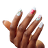 The image features a close-up of a hand with manicured nails. The nails are painted with a white base color and adorned with delicate floral designs. Each nail has a unique flower pattern, including pink flowers and green stems and leaves. The background is a gradient of dark to light blue, which contrasts with the hand and nails, making the nail art stand out prominently. The overall aesthetic is clean, elegant, and artistic.