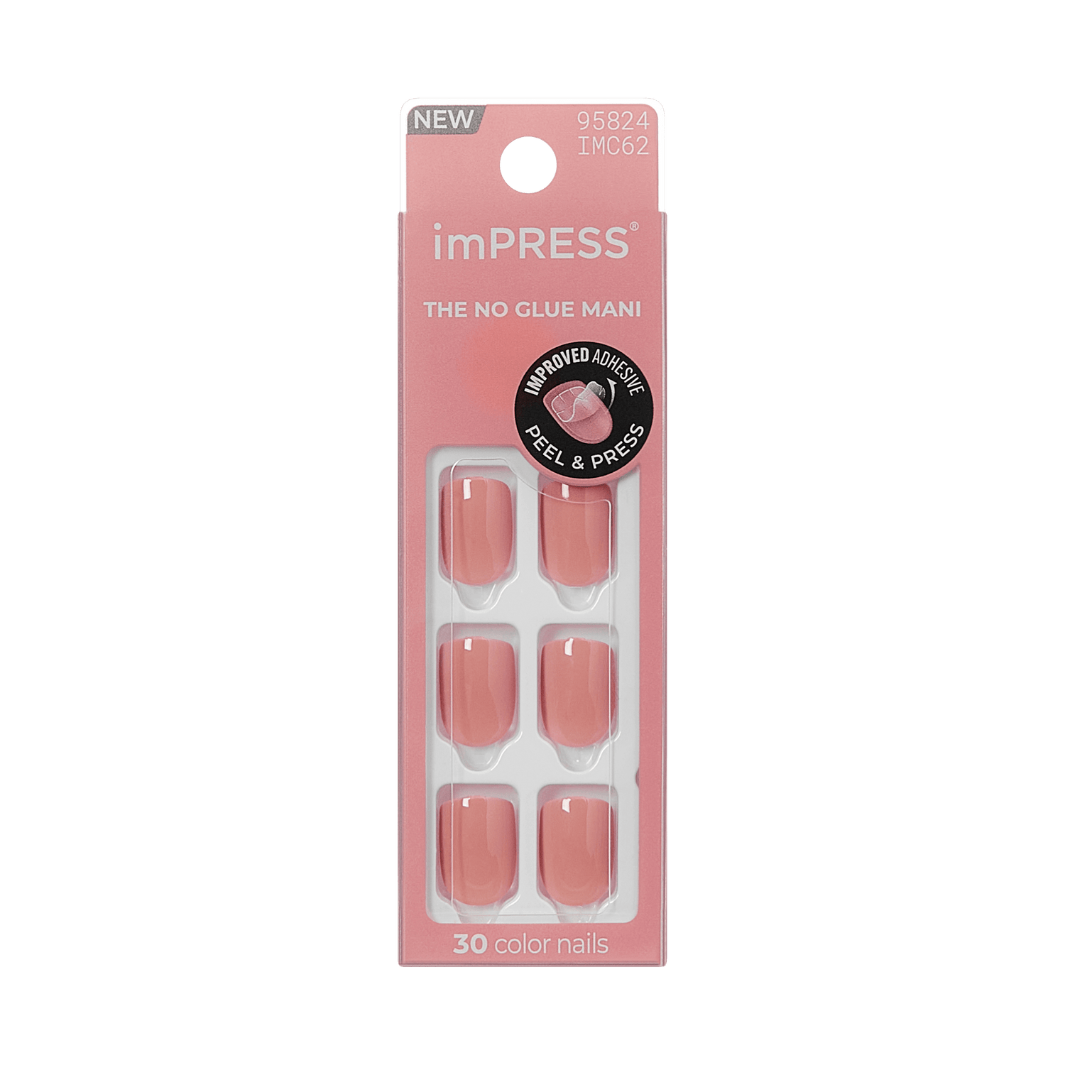 The image features a packaging for imPRESS press-on nails. The design is predominantly pink, showcasing a set of six false nails in a soft, peachy color. The packaging is labeled "NEW" and highlights the product as "THE NO GLUE MANI," emphasizing its easy application with a "PEEL &amp; PRESS" method. Additionally, it mentions that the set includes 30 color nails, suggesting a variety of options available. The overall look is modern and appealing, aimed at consumers looking for convenient nail solutions.