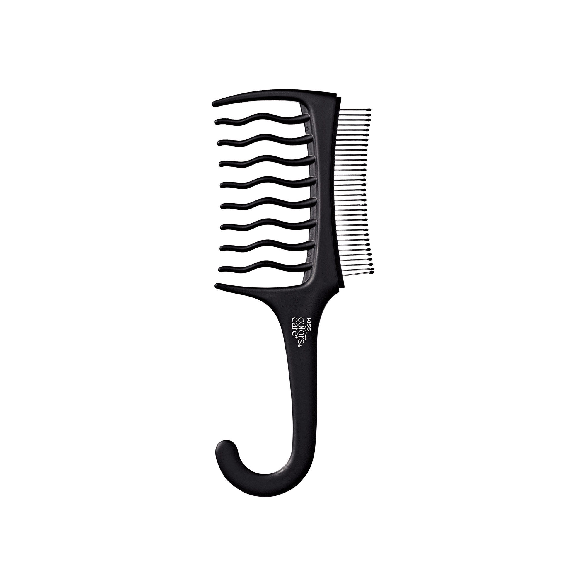 Black dual-sided detangling comb with wide and fine teeth, curved handle, and "KISS Colors &amp; Care" logo on handle.
