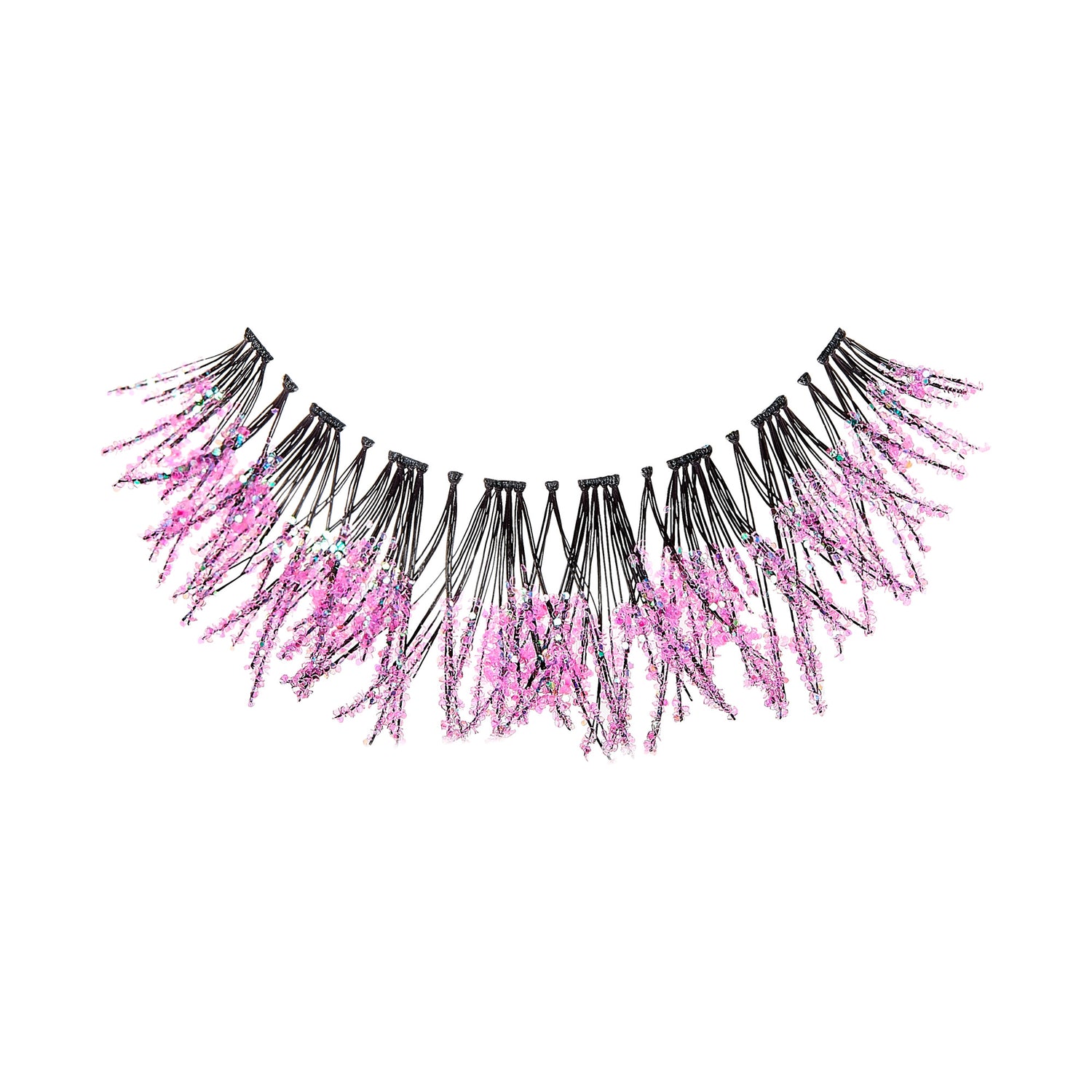The image depicts a statement necklace with a unique and intricate design. The necklace features numerous black strands that fan outwards, each adorned with clusters of small, pink beads. The beads are arranged in a way that creates a cascading effect, giving the necklace a dynamic and eye-catching appearance. The overall design is bold and artistic, making it a standout accessory.
