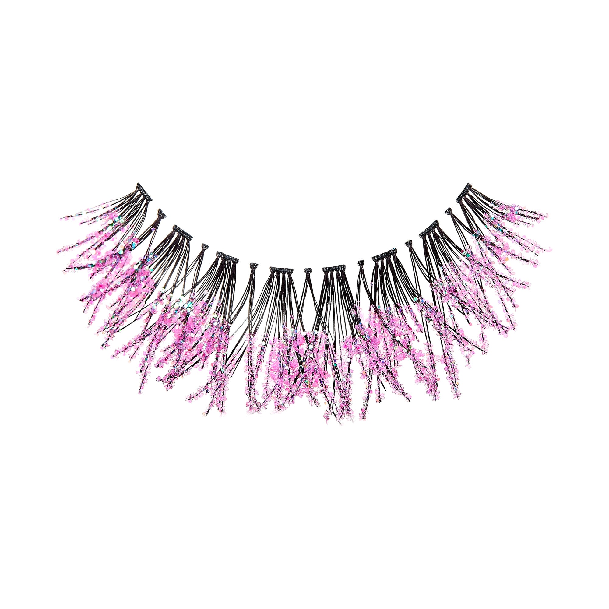 The image depicts a statement necklace with a unique and intricate design. The necklace features numerous black strands that fan outwards, each adorned with clusters of small, pink beads. The beads are arranged in a way that creates a cascading effect, giving the necklace a dynamic and eye-catching appearance. The overall design is bold and artistic, making it a standout accessory.