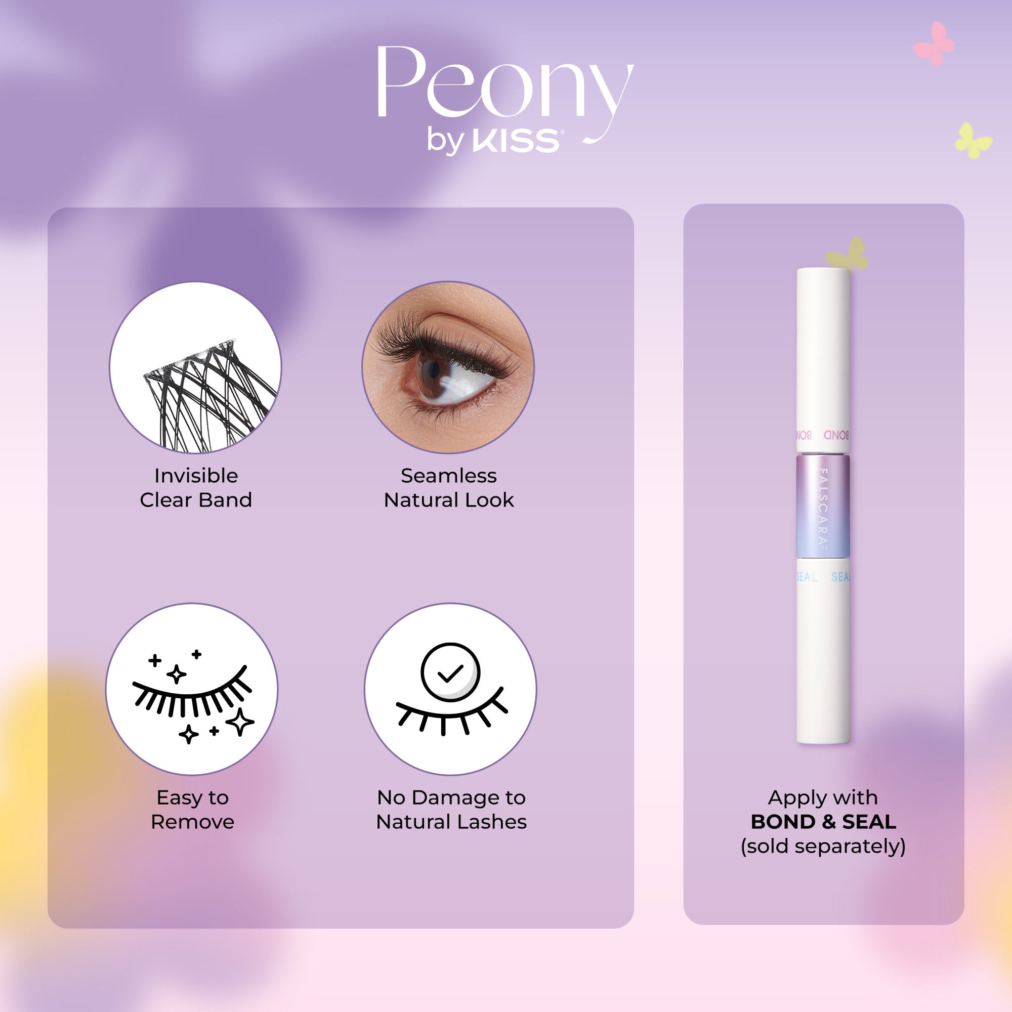 KISS Peony false eyelashes features include an invisible clear band, seamless natural look, easy removal, and no damage to natural lashes. Apply with separate Bond &amp; Seal.