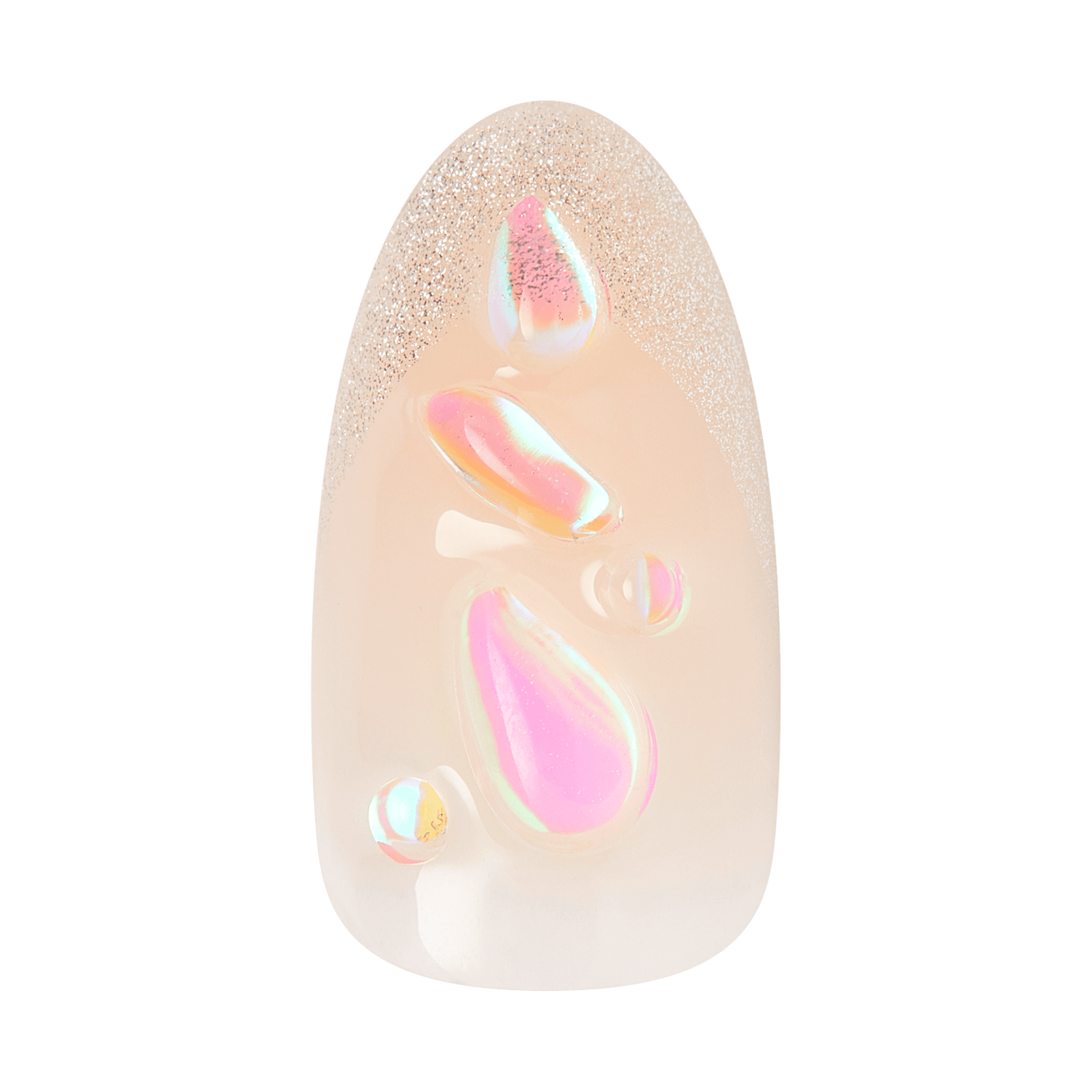 Almond-shaped nail art with iridescent pink and gold teardrop designs on nude base.