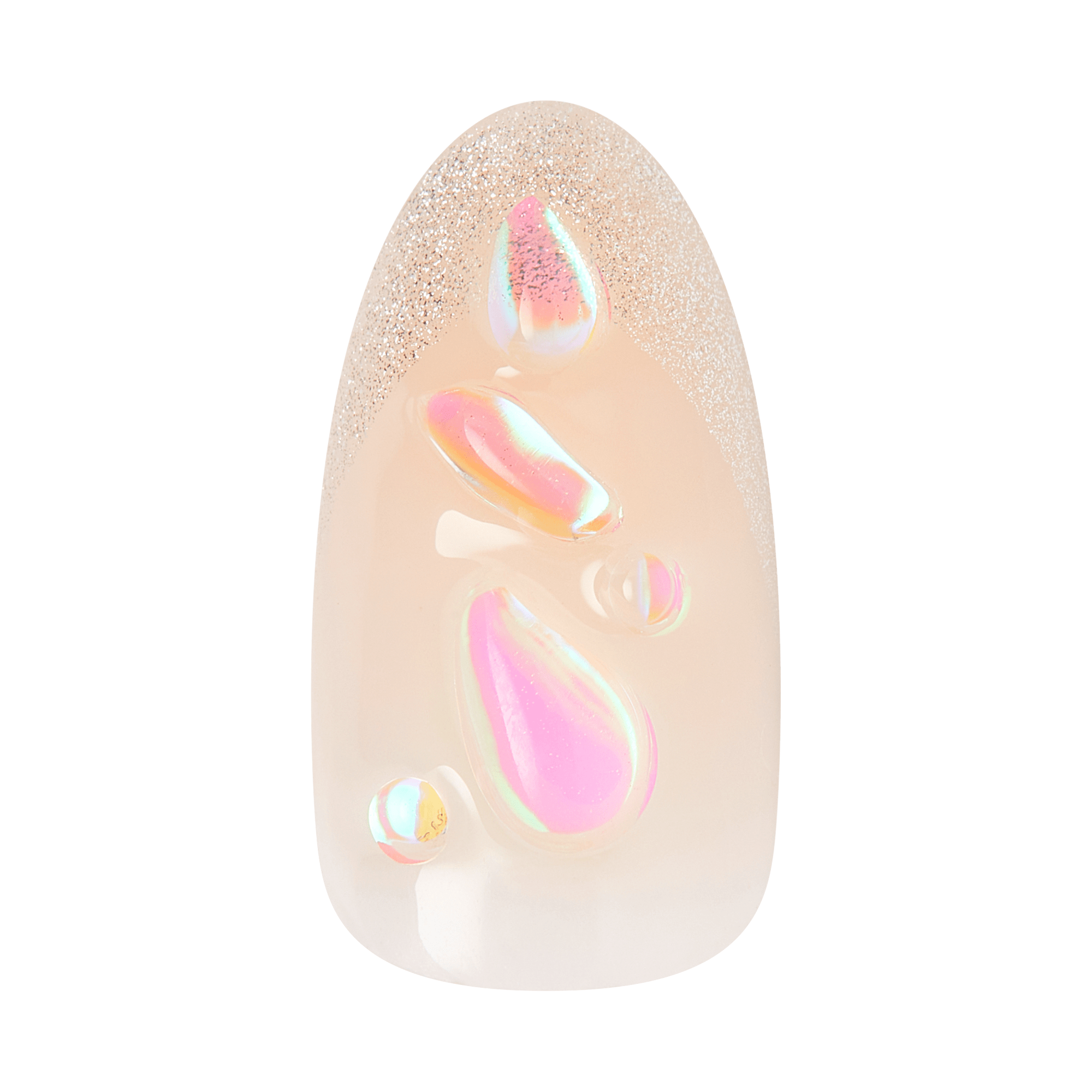 Almond-shaped nail art with iridescent pink and gold teardrop designs on nude base.