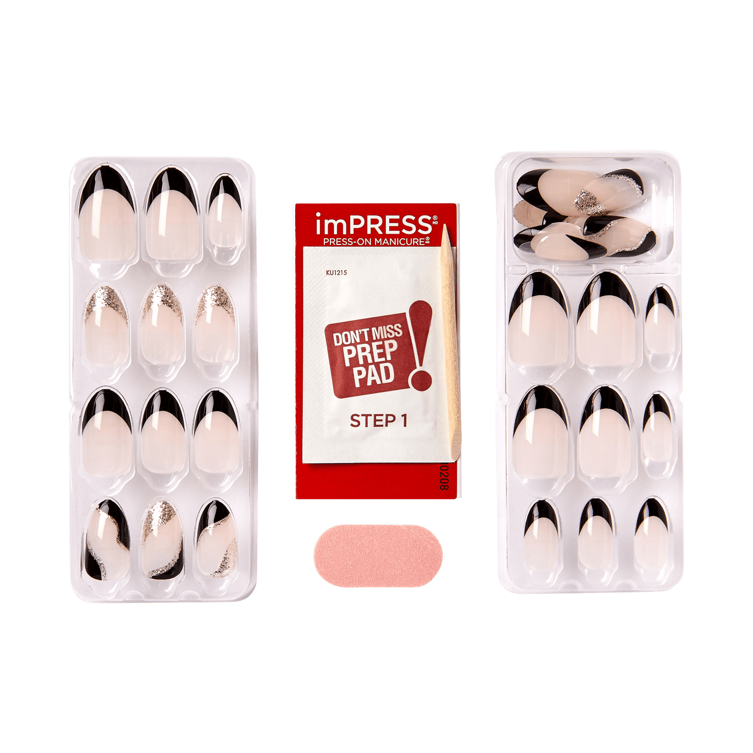 imPRESS Press-On Manicure nail sets with black and gold designs, prep pad, and applicator tool.