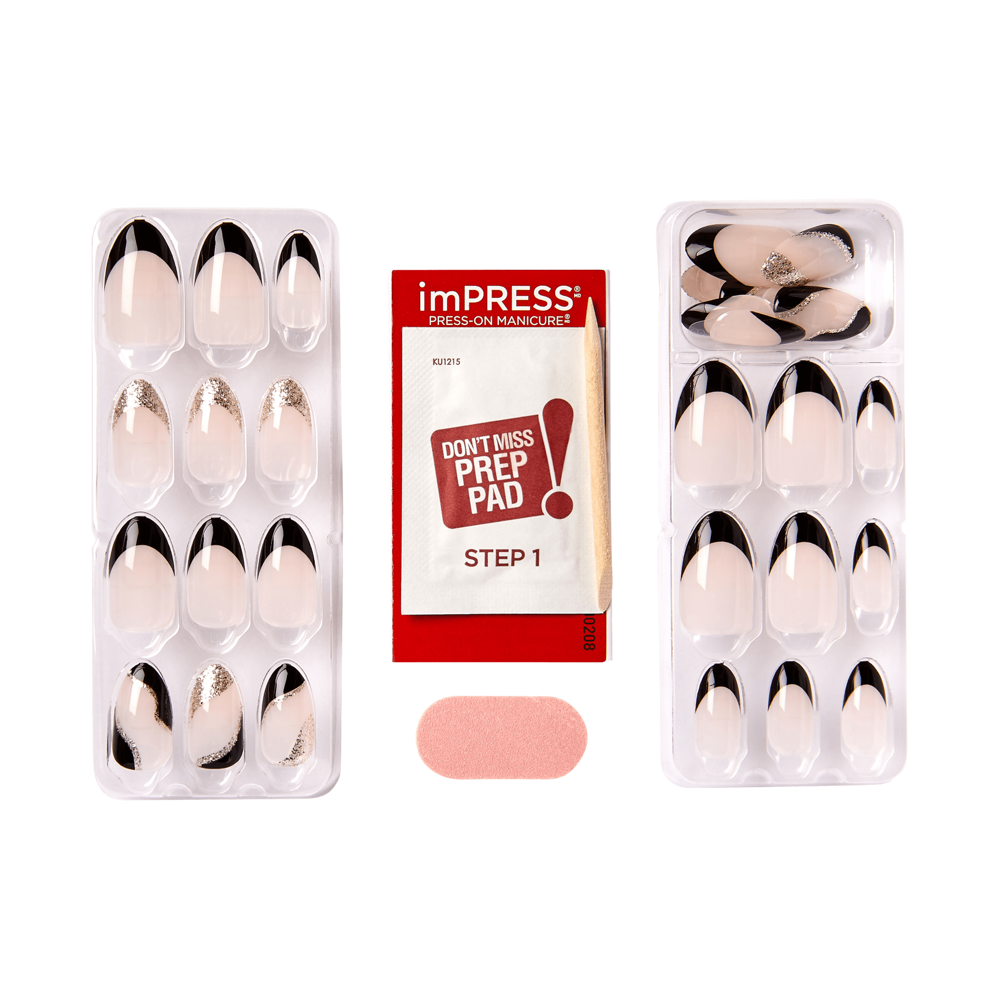 imPRESS Press-On Manicure nail sets with black and gold designs, prep pad, and applicator tool.