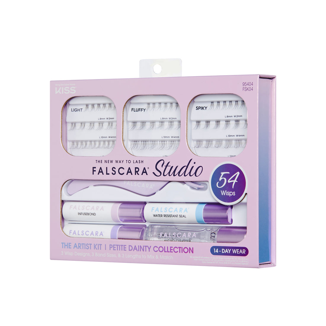 Kiss Falscara Studio Lash Extension Kit in pink box showing 54 wisps in three styles: Light, Fluffy, and Spiky with Infuse Bond, Water Resistant Seal, and UV-Pro Cleanser.