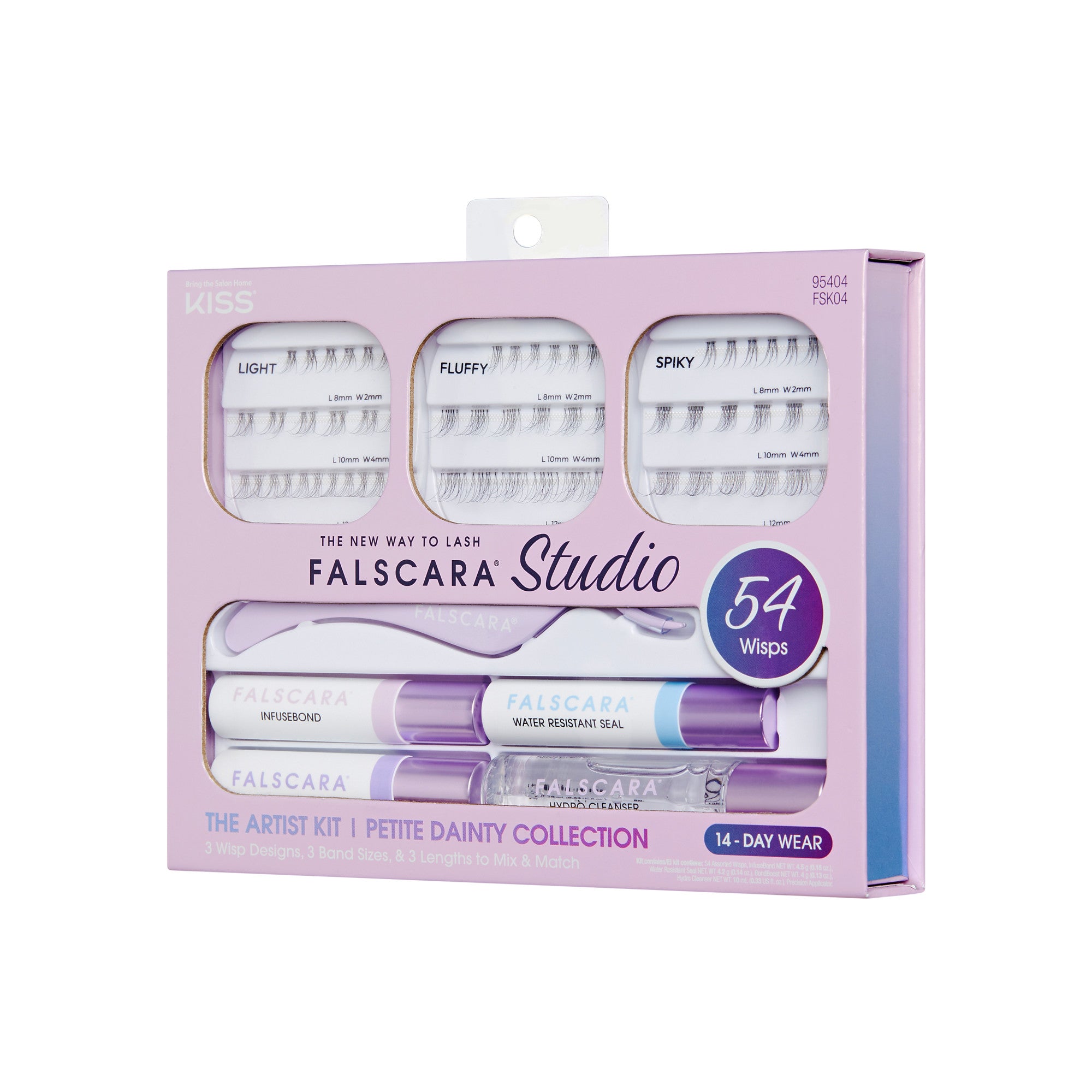 Kiss Falscara Studio Lash Extension Kit in pink box showing 54 wisps in three styles: Light, Fluffy, and Spiky with Infuse Bond, Water Resistant Seal, and UV-Pro Cleanser.
