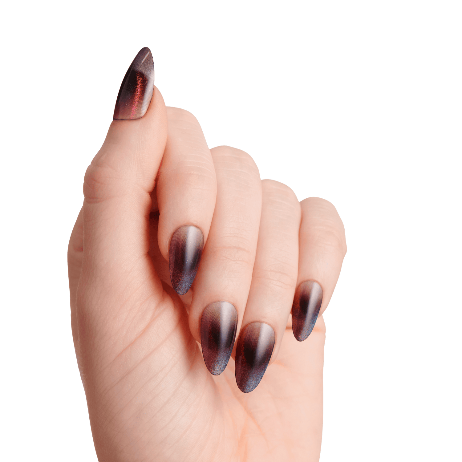The image features a hand displaying elegantly manicured nails. The nails are long and pointed, showcasing a gradient design that transitions from a deep, dark color at the base to a lighter shade at the tips. The overall finish appears glossy, with a subtle shimmer that adds depth to the color. The hand is positioned against a plain white background, emphasizing the striking nail art.