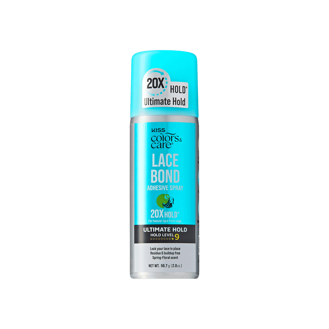 Lace bond adhesive spray can with blue label on a green background