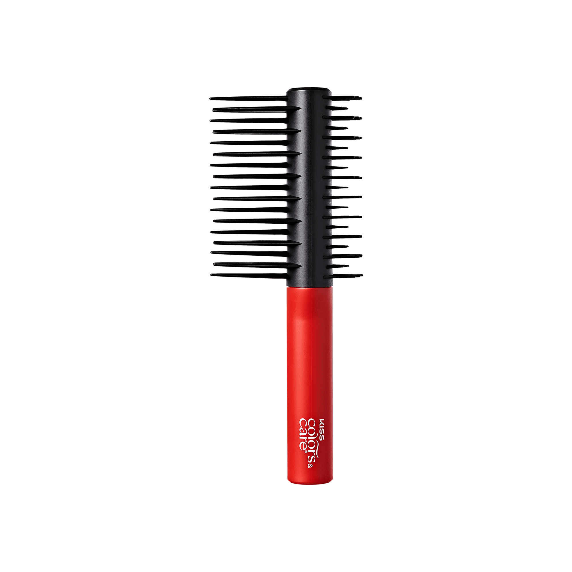 Detangling brush with black flexible bristles and a red handle featuring "KISS colors &amp; care" logo, shown on a white background.