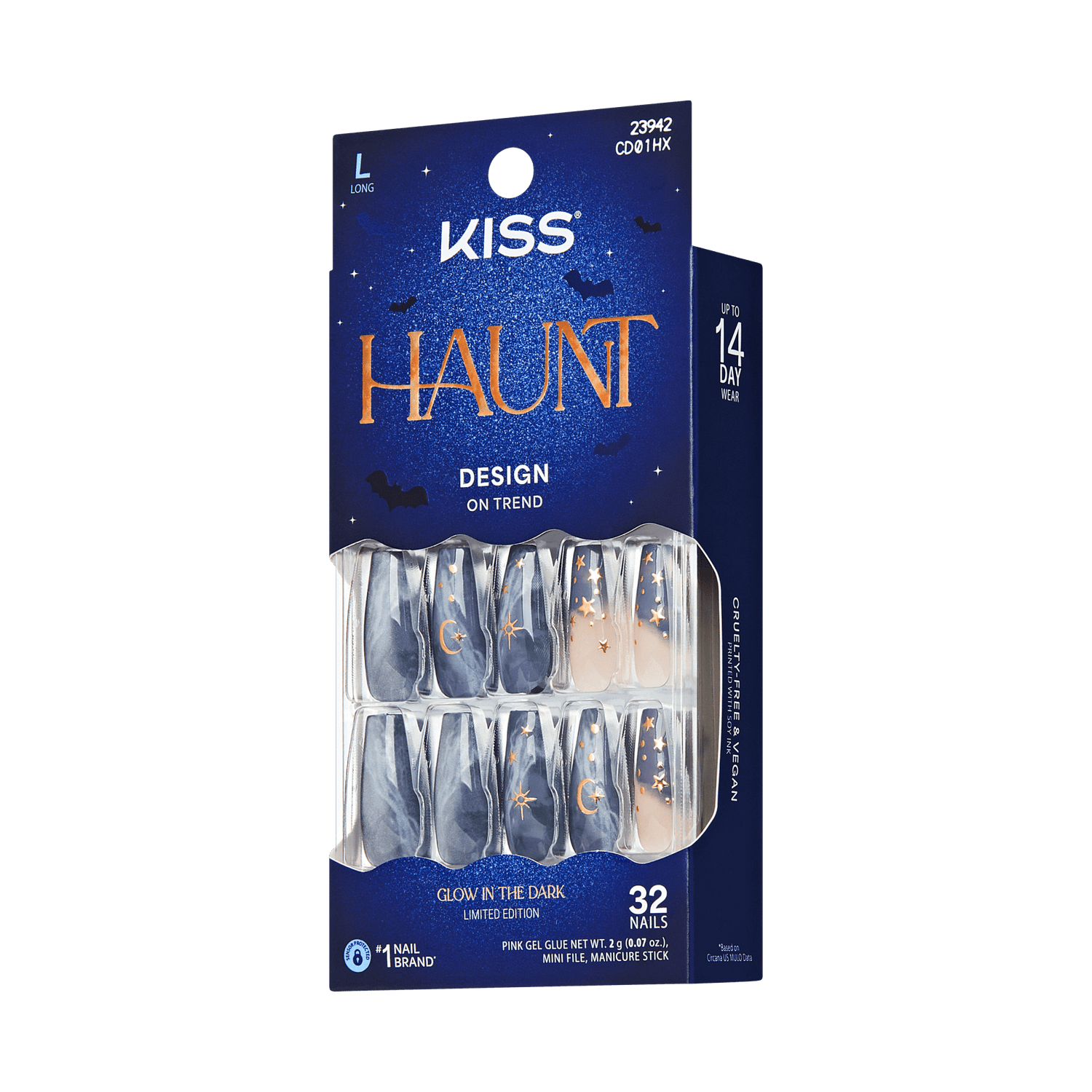 Kiss Haunt Halloween Press On Fake Glue Nails - Spooky Tips | Design, Blue, Long, Coffin, Glow In The Dark