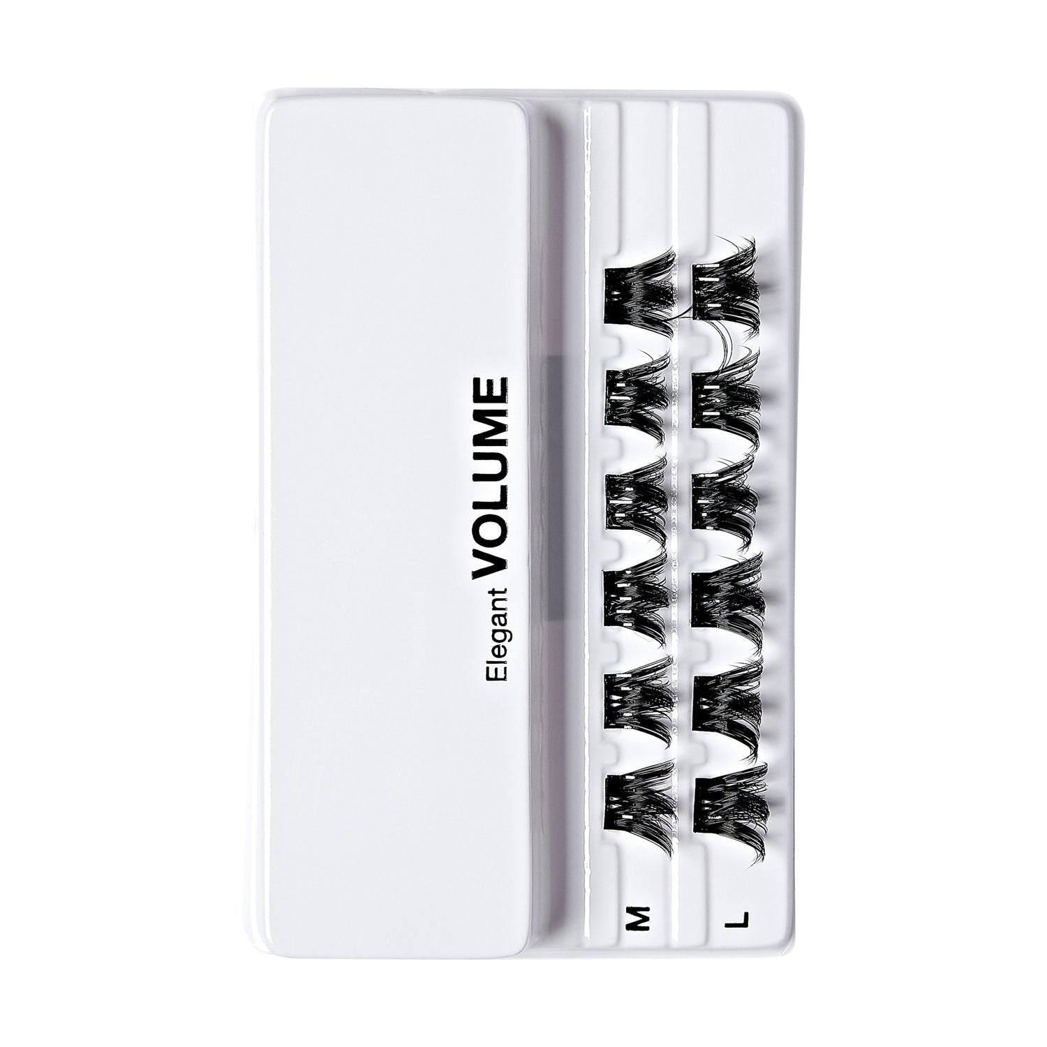 The image shows a white plastic case containing three pairs of false eyelashes. The case is labeled "Elegant VOLUME" on the left side. The eyelashes are arranged in three rows, each row labeled with a different size: "M" for medium, "L" for large, and an unlabeled row which could be assumed to be small. The lashes are black and appear to be designed to add volume to the natural eyelashes.