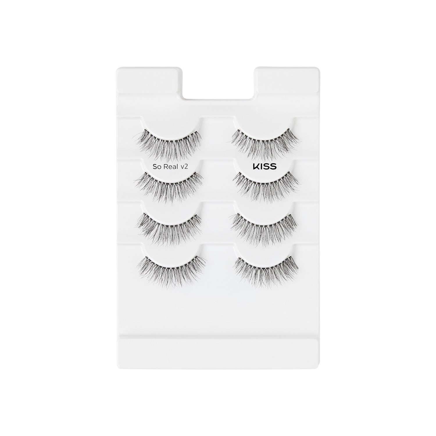 The image shows a white plastic tray containing four pairs of false eyelashes. The tray is designed to hold the eyelashes in a neat and organized manner. Each pair of eyelashes is arranged horizontally on the tray. The second pair from the top is labeled "So Real v2" and the third pair is labeled "KISS." The eyelashes are long and have a natural, wispy appearance, suitable for enhancing the look of one&
