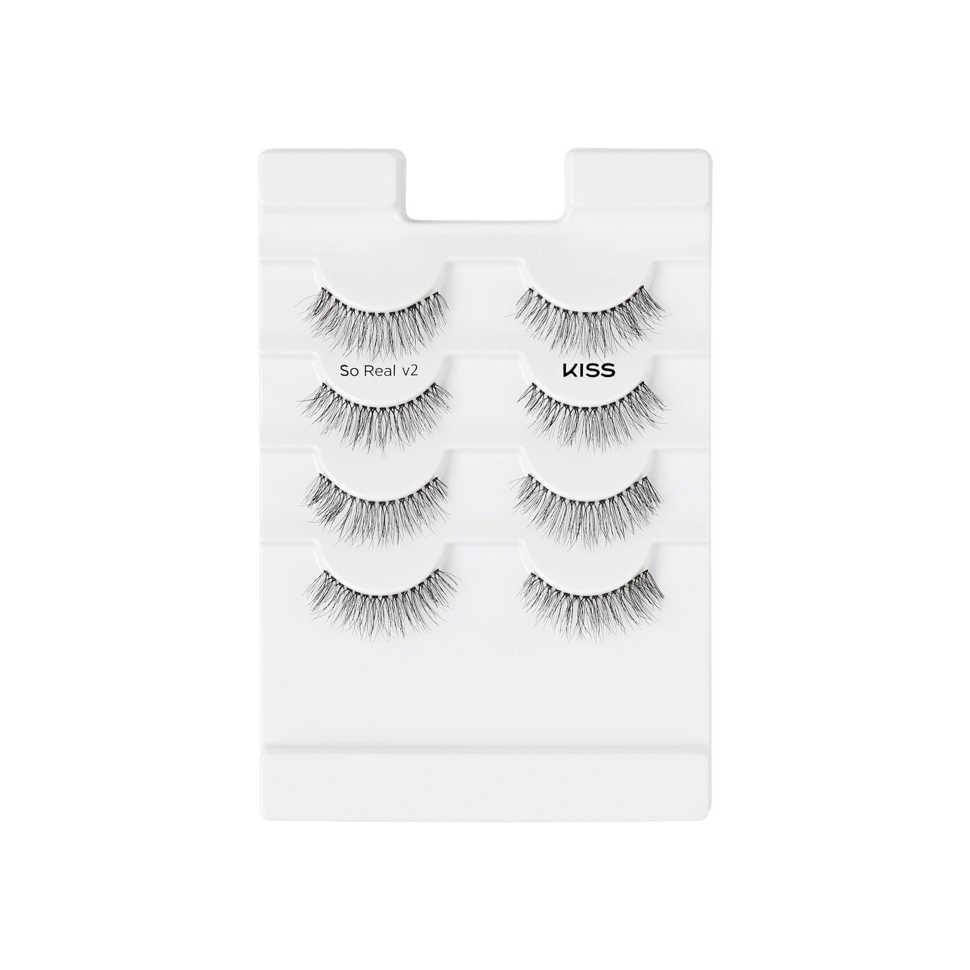 The image shows a white plastic tray containing four pairs of false eyelashes. The tray is designed to hold the eyelashes in a neat and organized manner. Each pair of eyelashes is arranged horizontally on the tray. The second pair from the top is labeled "So Real v2" and the third pair is labeled "KISS." The eyelashes are long and have a natural, wispy appearance, suitable for enhancing the look of one&