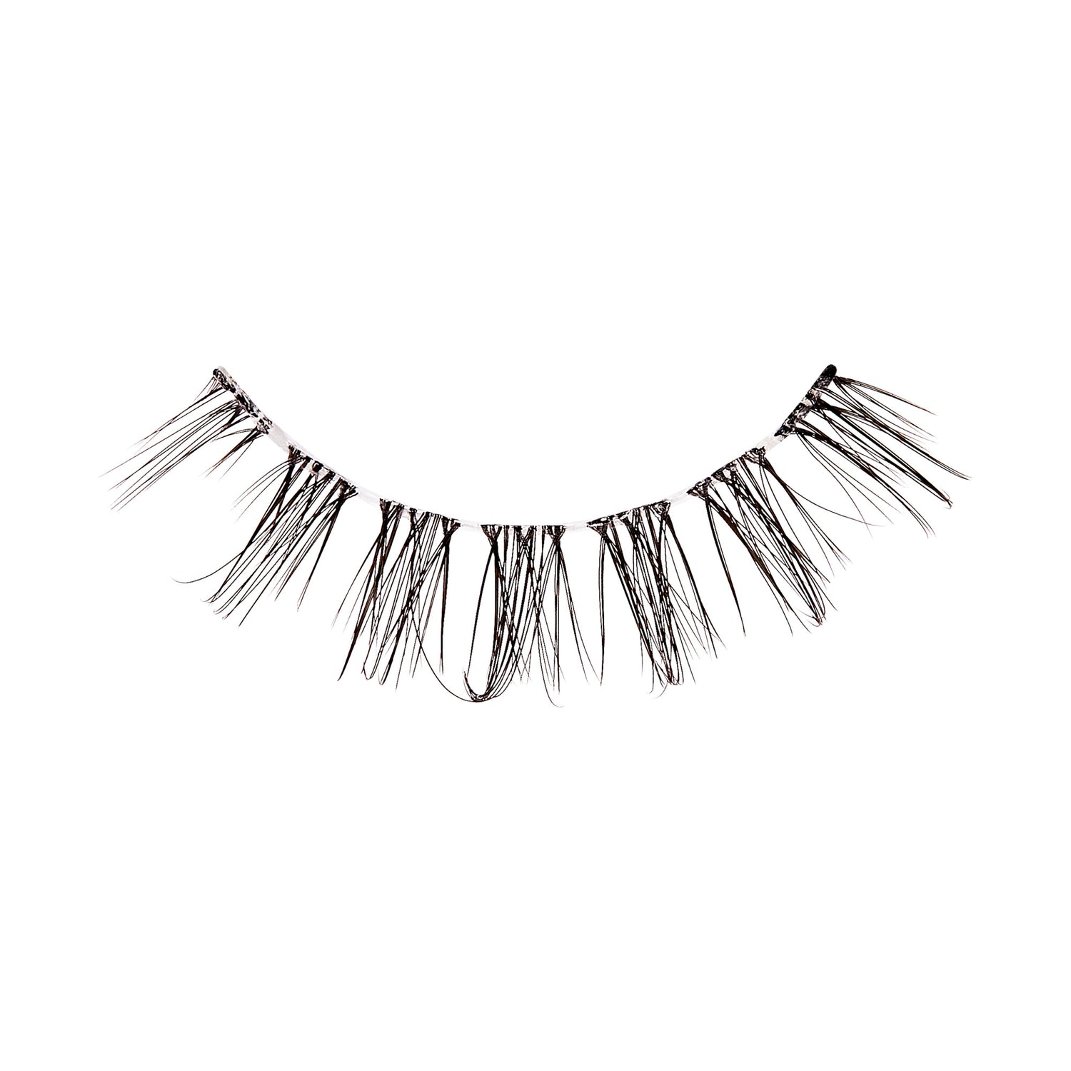 The image shows a single strip of false eyelashes. The eyelashes are black and have a wispy, uneven design, with varying lengths of individual lashes. The strip appears to be flexible, designed to adhere to the eyelid for cosmetic enhancement. The lashes are spaced out, giving a natural yet voluminous look.