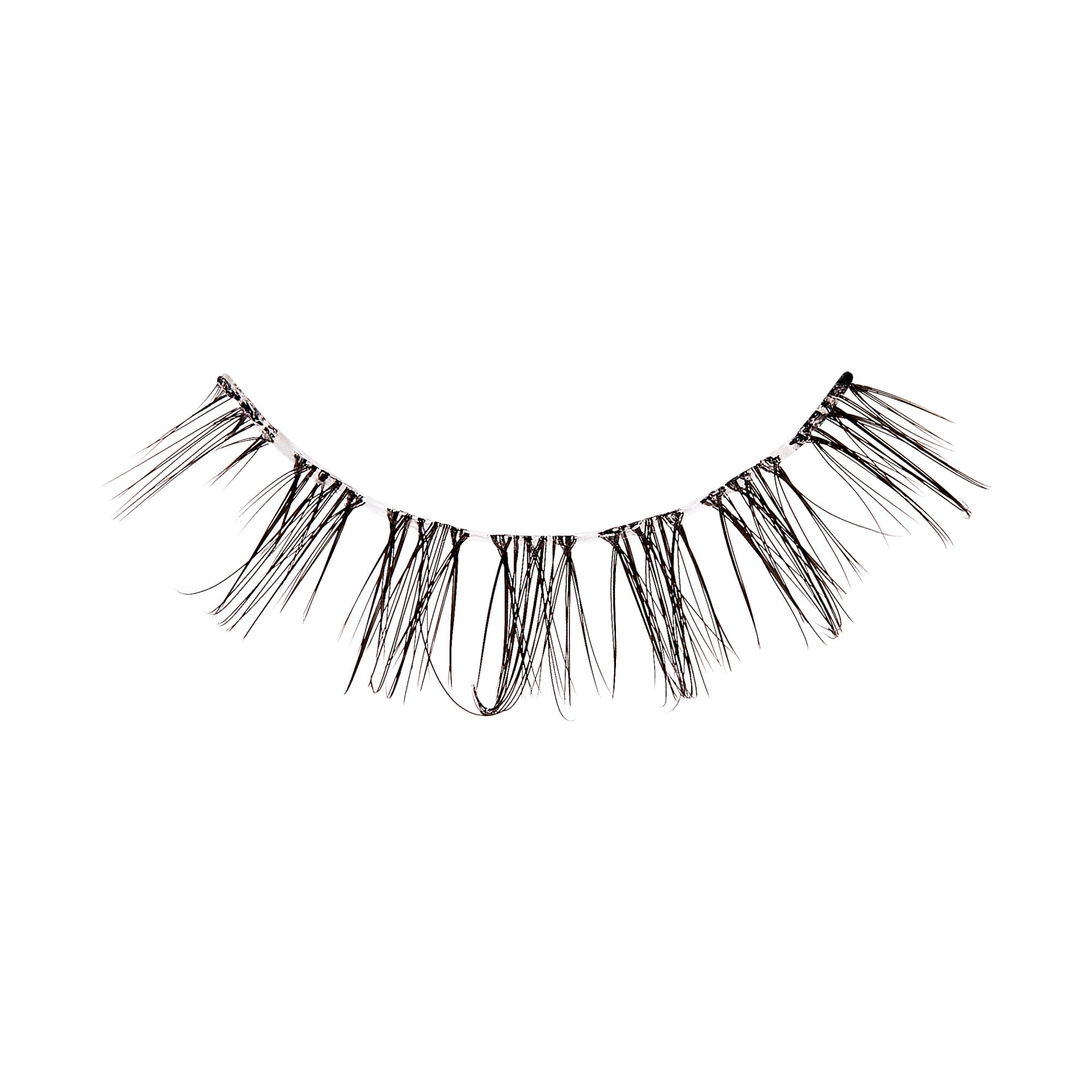 The image shows a single strip of false eyelashes. The eyelashes are black and have a wispy, uneven design, with varying lengths of individual lashes. The strip appears to be flexible, designed to adhere to the eyelid for cosmetic enhancement. The lashes are spaced out, giving a natural yet voluminous look.