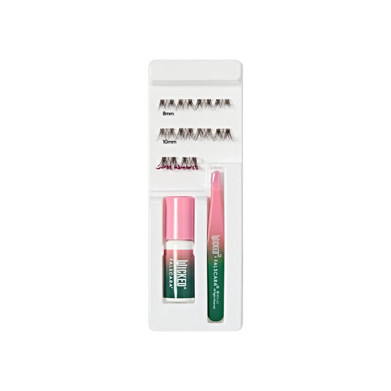 The image features a beauty product kit designed for eyelash application. It includes several pairs of false eyelashes in two different lengths: 8mm and 10mm. The kit also contains a small bottle of adhesive for securing the lashes and a pair of tweezers for precise application. The packaging is sleek and organized, with a clean, white background that highlights the items inside. The adhesive bottle and tweezers have a pink and green color scheme, adding a touch of style to the kit.