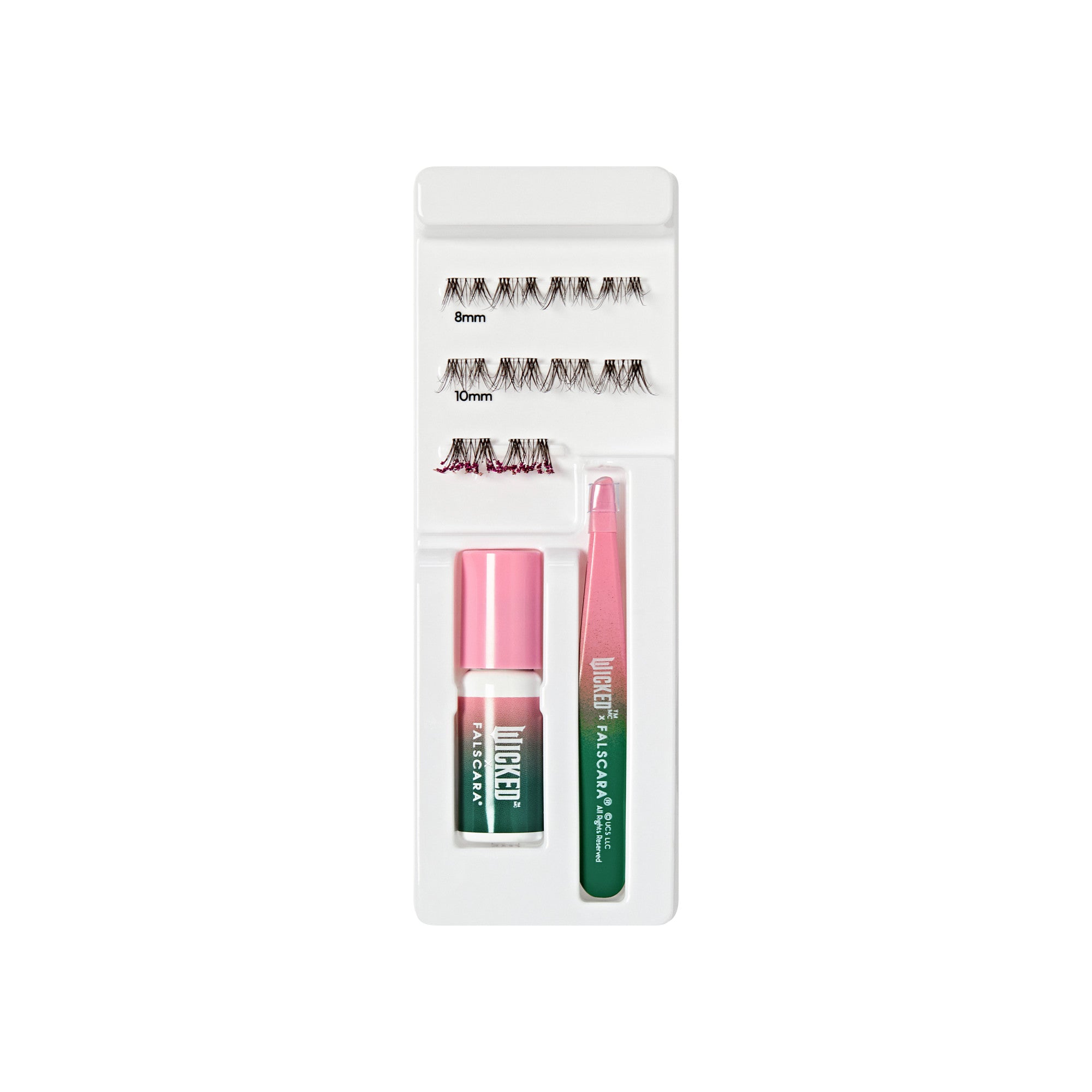 The image features a beauty product kit designed for eyelash application. It includes several pairs of false eyelashes in two different lengths: 8mm and 10mm. The kit also contains a small bottle of adhesive for securing the lashes and a pair of tweezers for precise application. The packaging is sleek and organized, with a clean, white background that highlights the items inside. The adhesive bottle and tweezers have a pink and green color scheme, adding a touch of style to the kit.
