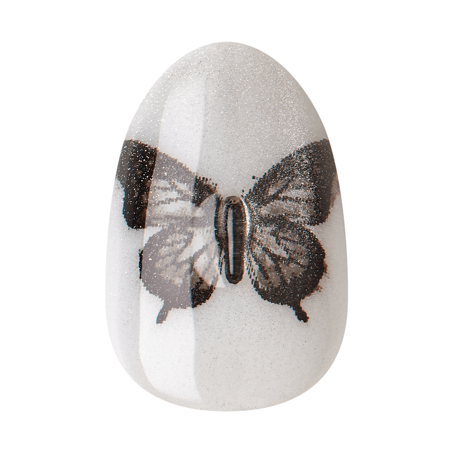 The image shows a white, egg-shaped object with a glossy finish. On the surface of the object, there is a detailed, realistic depiction of a butterfly with its wings spread open. The butterfly&