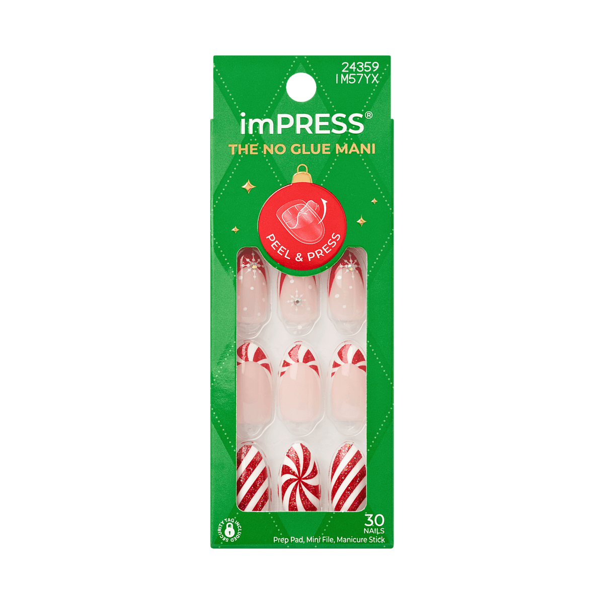 Impress Design Holiday No Glue Fake Press On Nails - Jingle Glow | French Design, Red &amp; White, Medium, Almond, Manicure