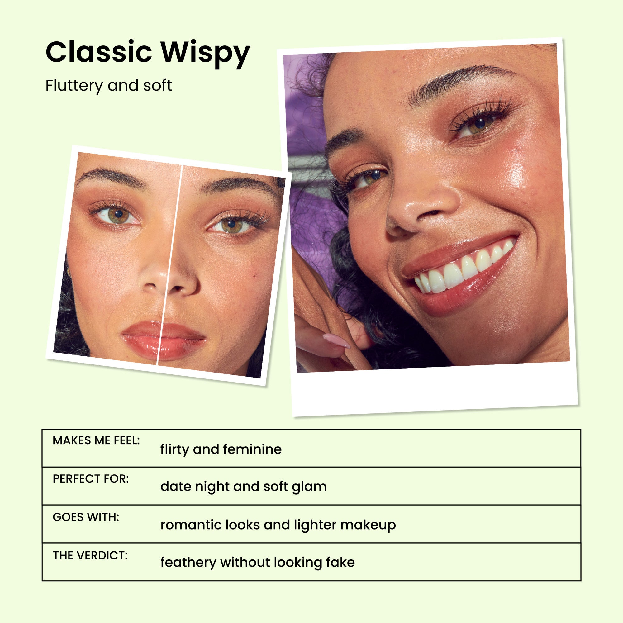 Classic Wispy lash style comparison showing before/after eye makeup application on two women.
