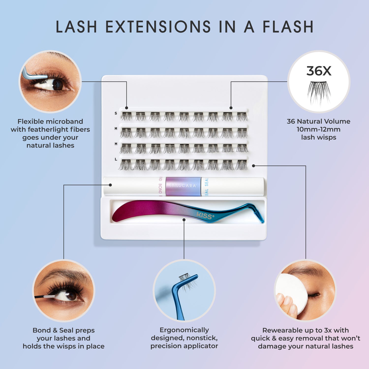 White FALSCARA starter kit with 36 natural volume lash wisps (10-12mm), adhesive tube, and multicolored precision applicator on a blue background.