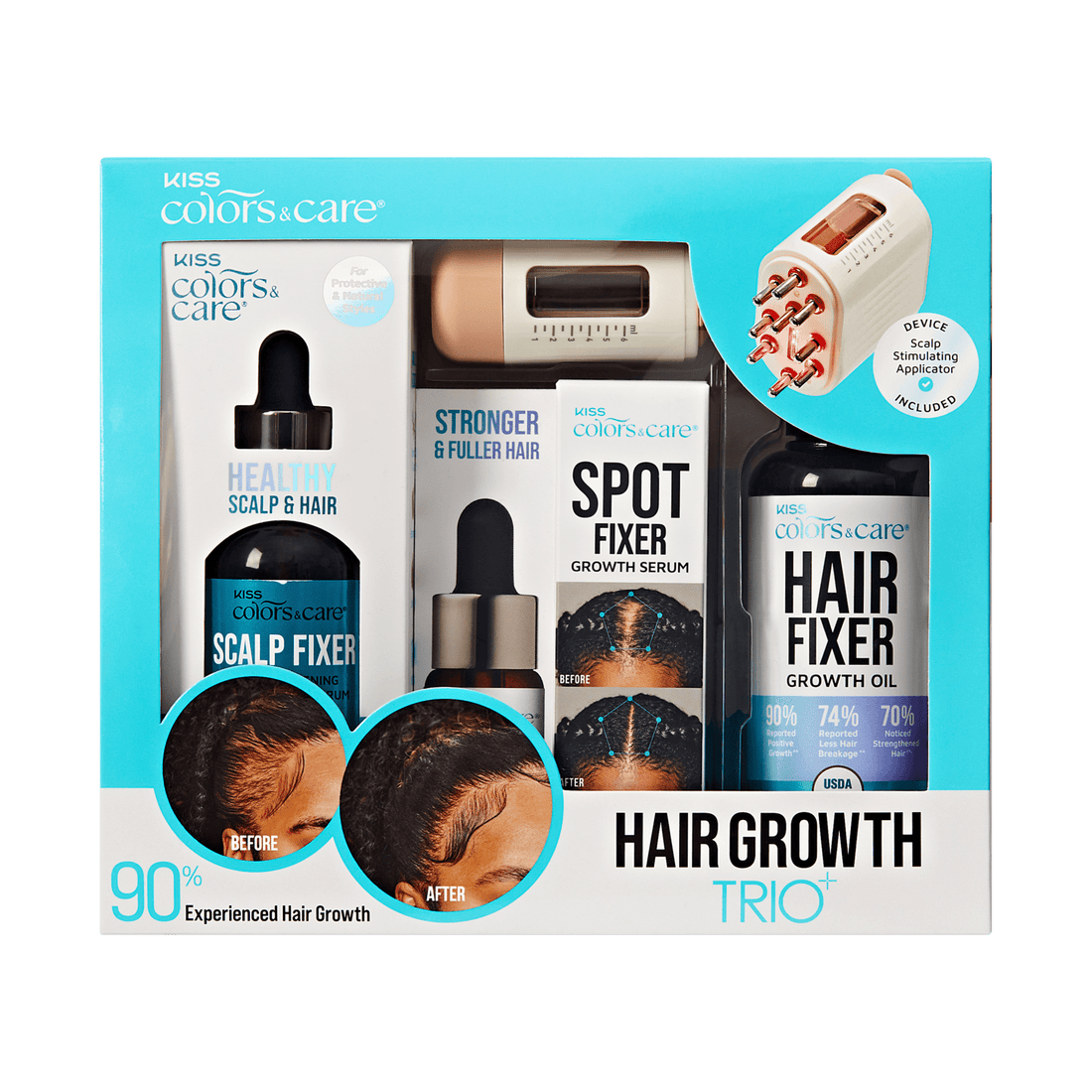 KISS Colors &amp; Care Hair Growth Trio set with scalp fixer, spot fixer serum, hair growth oil, and scalp stimulating applicator. Before and after photos show fuller hair. Claims highlight 90% experienced hair growth.