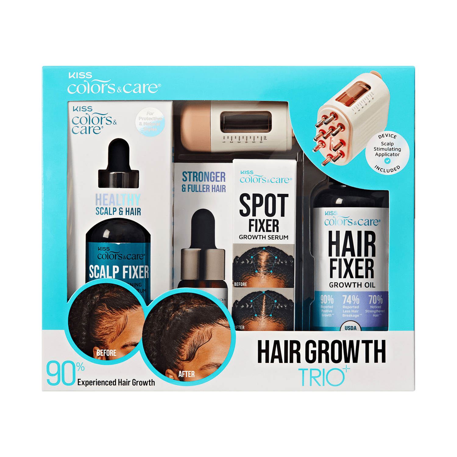 KISS Colors &amp; Care Hair Growth Trio set with scalp fixer, spot fixer serum, hair growth oil, and scalp stimulating applicator. Before and after photos show fuller hair. Claims highlight 90% experienced hair growth.