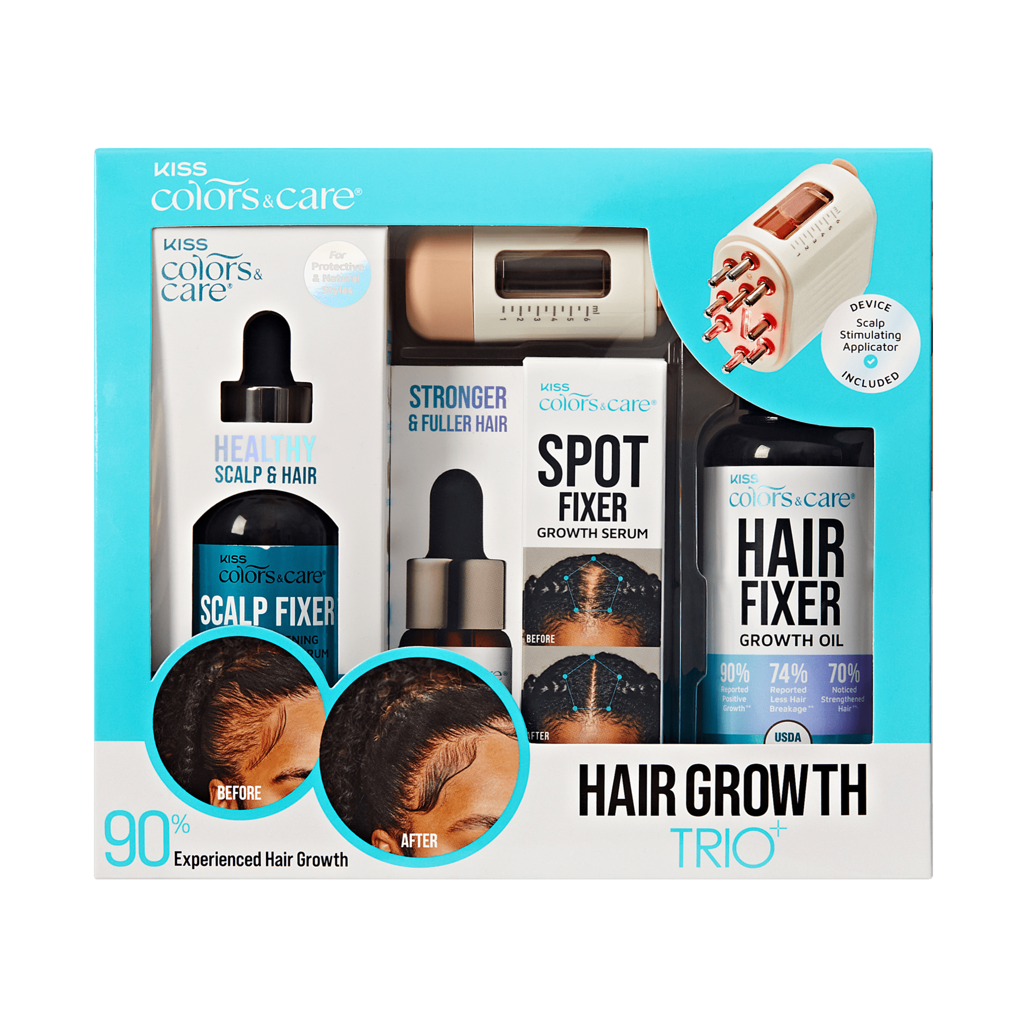 KISS Colors &amp; Care Hair Growth Trio set with scalp fixer, spot fixer serum, hair growth oil, and scalp stimulating applicator. Before and after photos show fuller hair. Claims highlight 90% experienced hair growth.