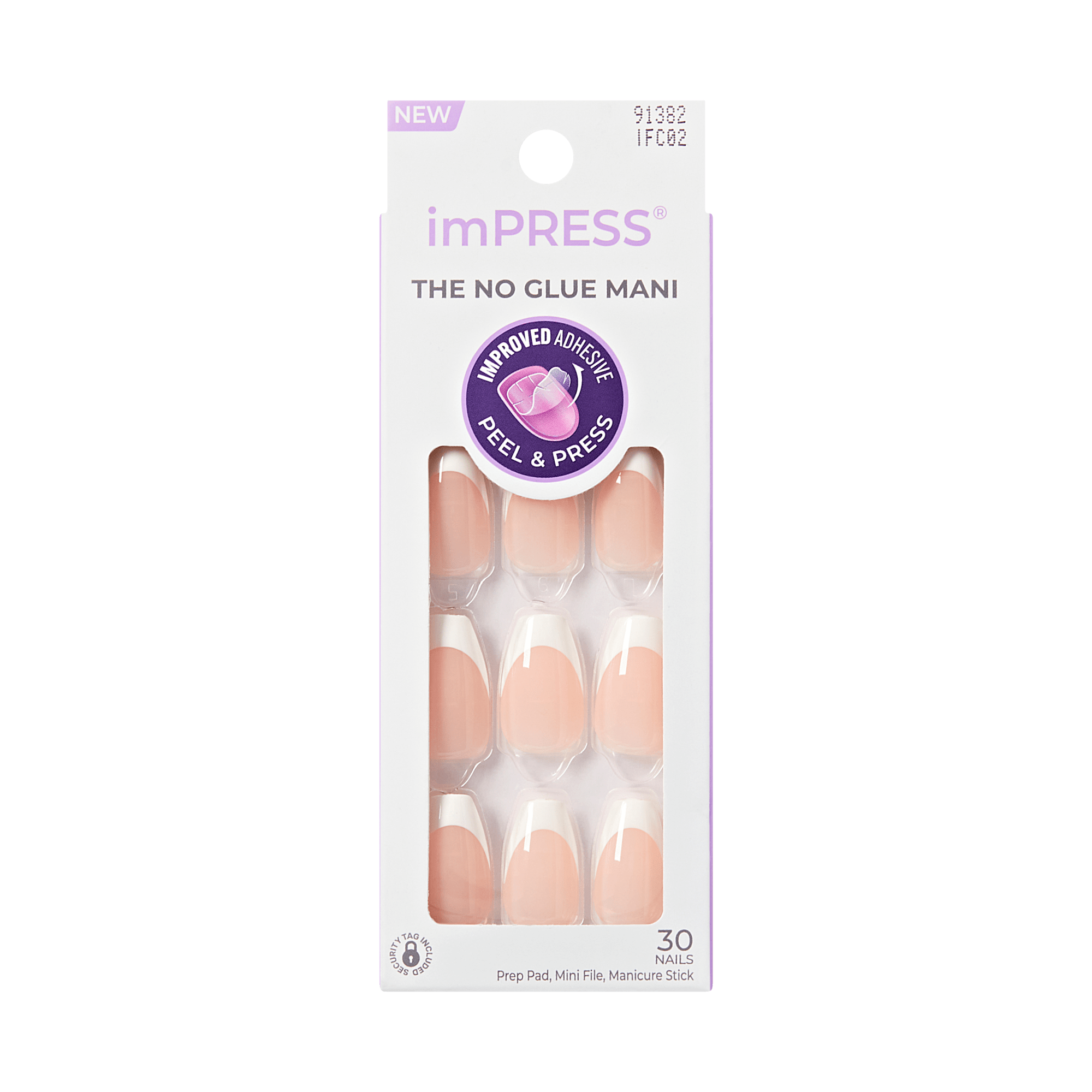 Impress French No Glue Fake Press On Nails - Ideal | French Tips, White &amp; Neutral, Medium, Coffin, Manicure
