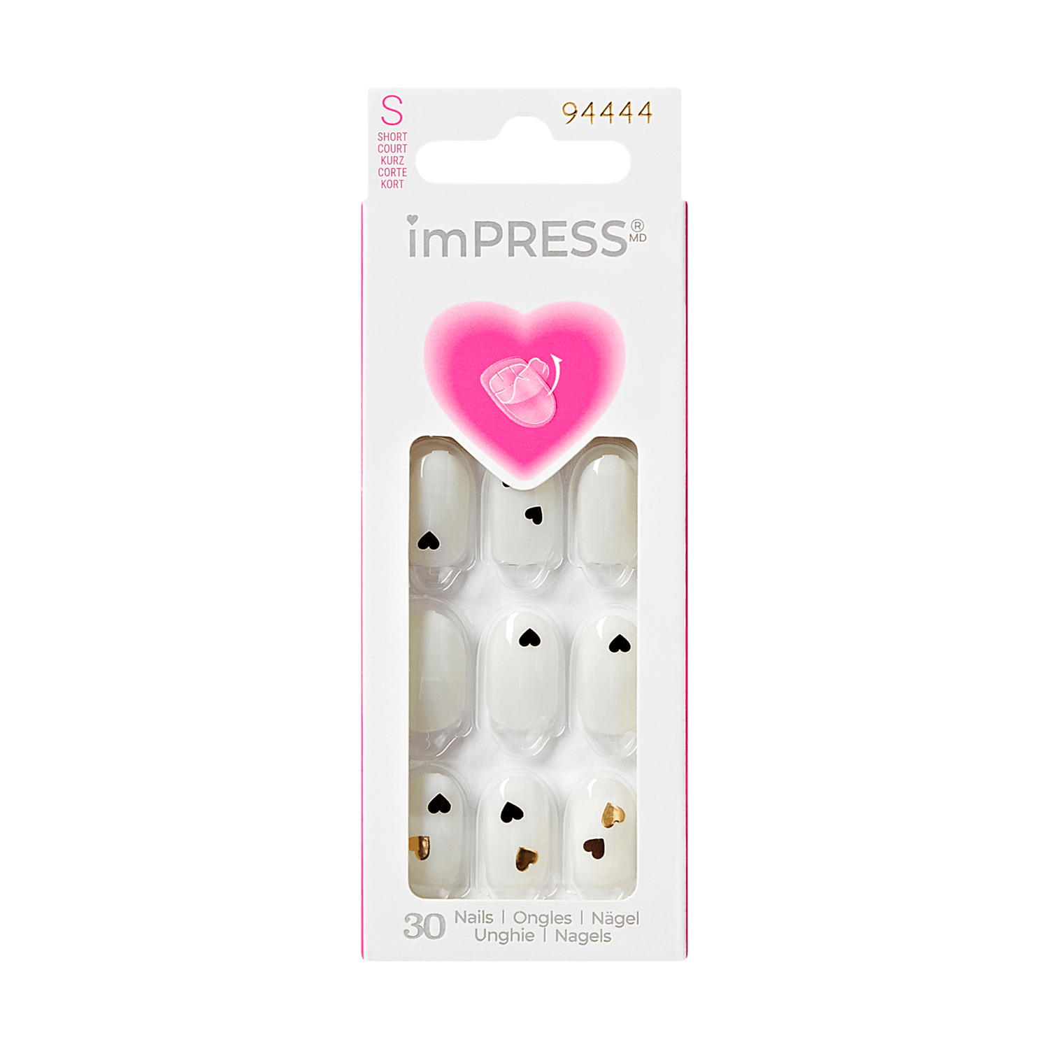 The image features a packaging for imPRESS press-on nails. The design includes a pink heart-shaped logo at the top, and the package displays a total of 30 nails. The nails are predominantly white with black heart designs and some gold accents. The packaging is sleek and modern, emphasizing the ease of use and stylish appearance of the nails.