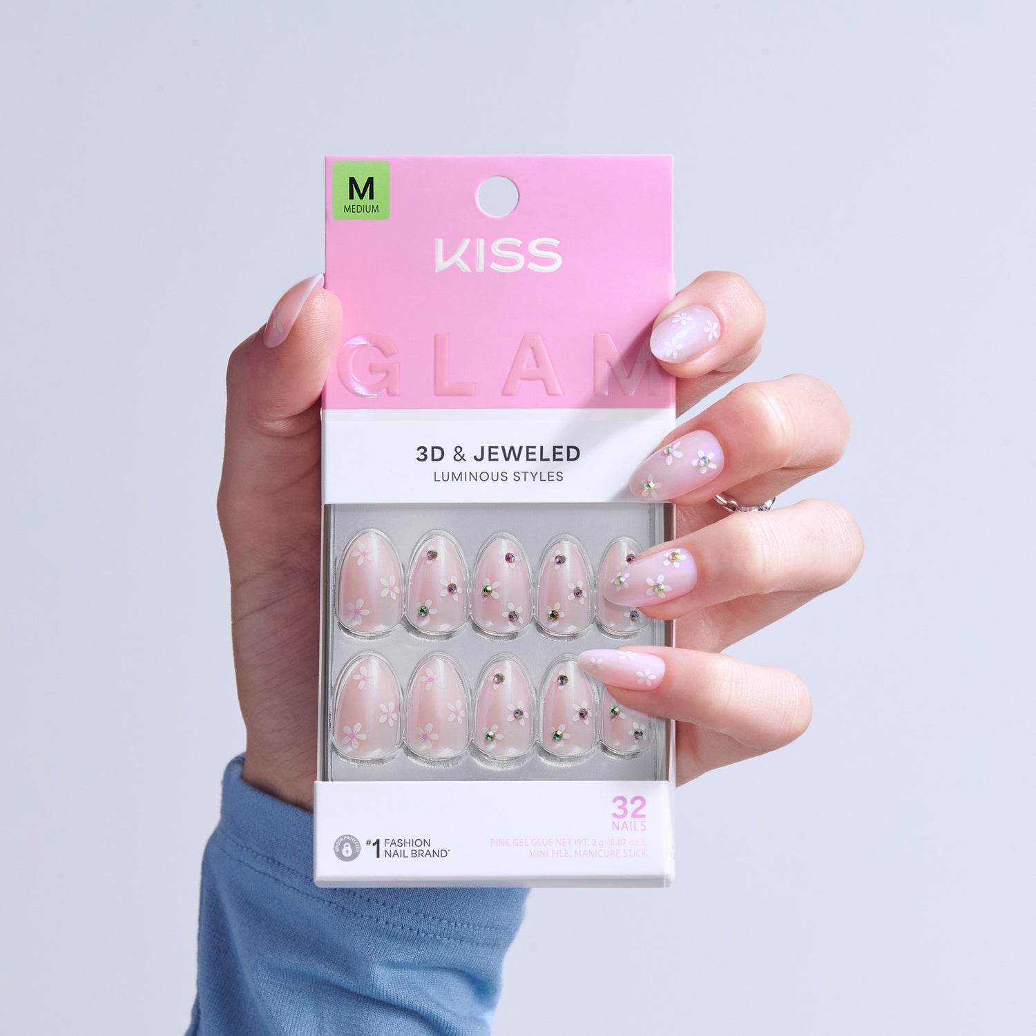 KISS Glam 3D &amp; Jeweled press-on nails, size M, with floral and gem designs