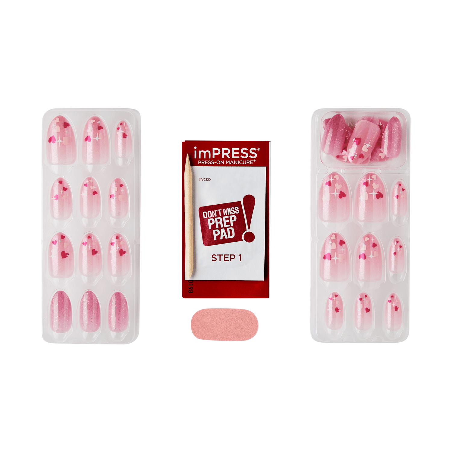 The image features a set of press-on nails arranged in two trays. The nails are designed with a gradient effect, transitioning from a clear base to a soft pink tip, and some have small heart designs. In the center, there is a package labeled "imPRESS" that includes a prep pad, which is likely used for cleaning the natural nails before application. The overall presentation suggests a stylish and easy-to-use manicure option.