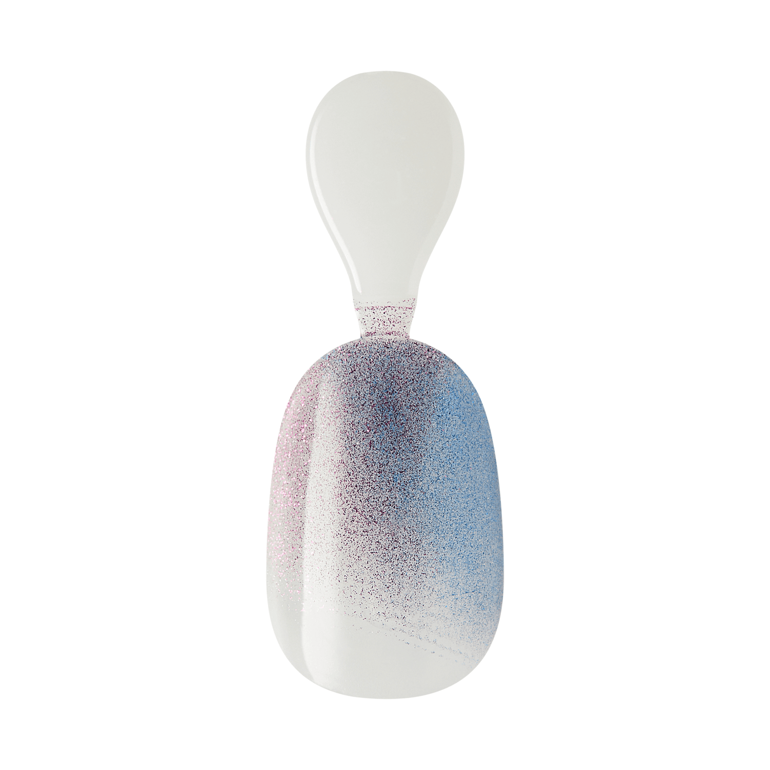 The image features a sleek, modern object that resembles a spoon or scoop. It has a rounded, bulbous body that transitions from a soft white at the base to a gradient of pastel colors, including light pink and blue, towards the top. The surface appears to have a speckled texture, adding a subtle visual interest. The handle is elongated and smooth, complementing the overall elegant design of the piece.