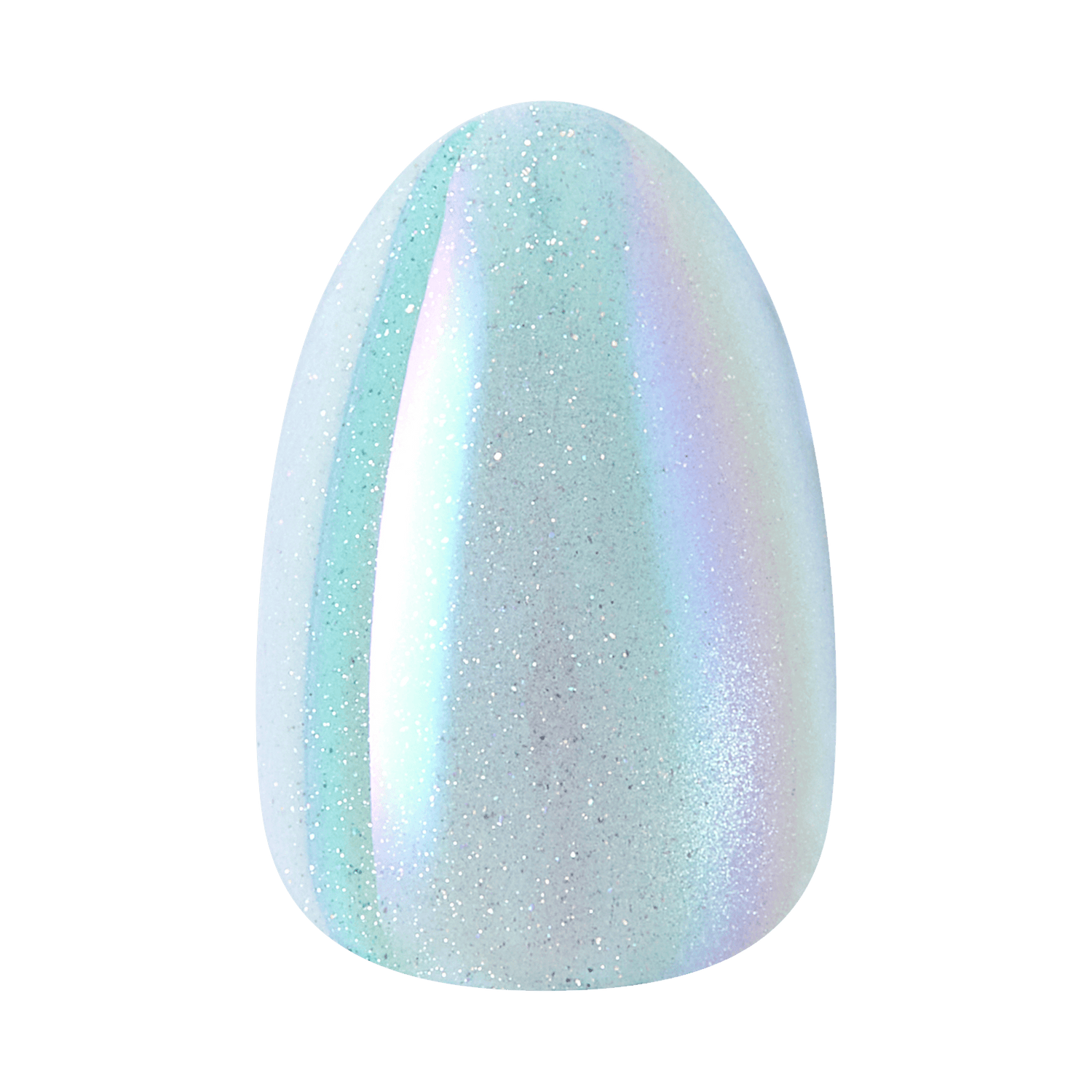 Iridescent glitter nail polish in pastel mint and lavender tones.